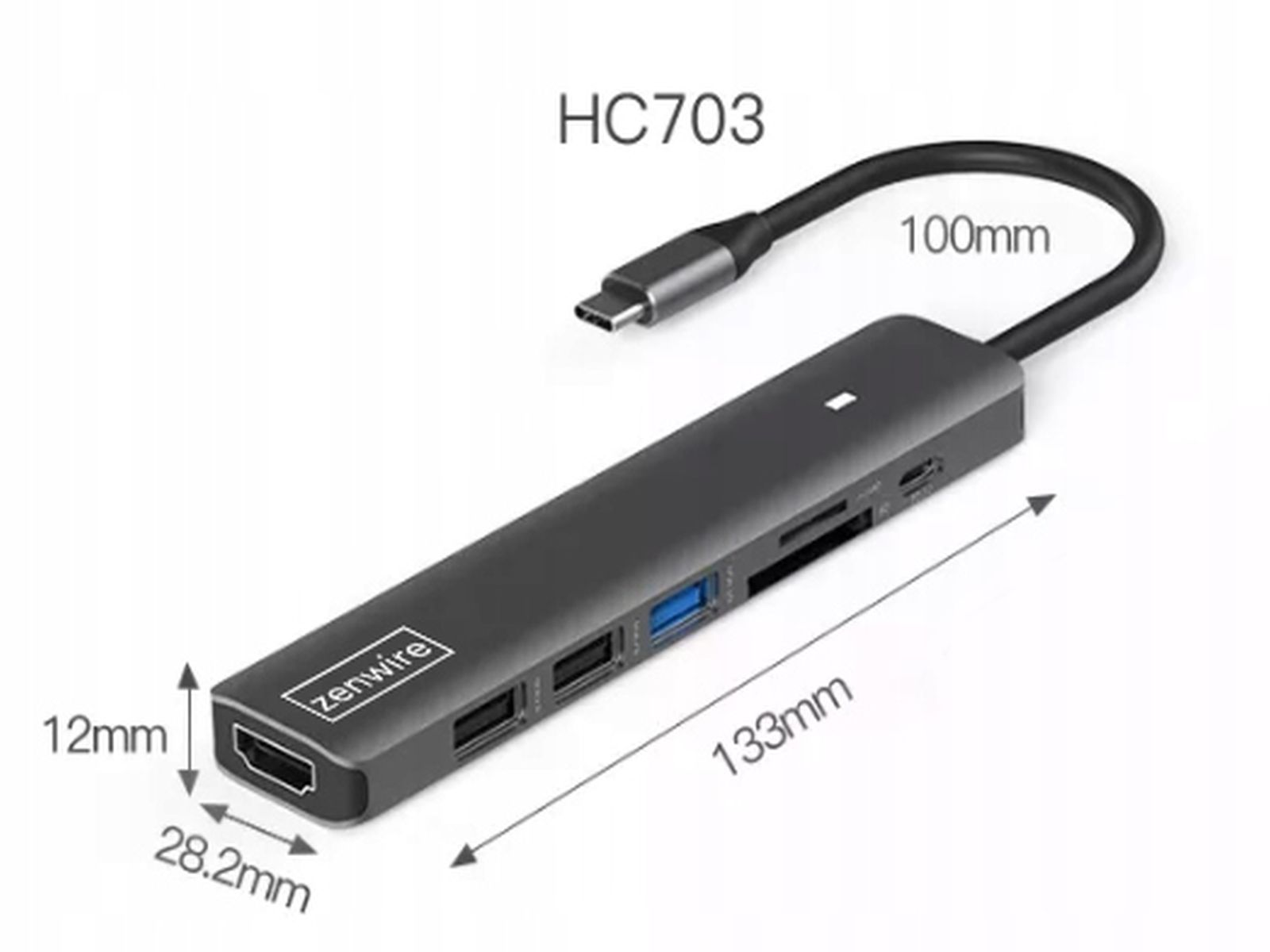 Szary hub USB z wieloma portami. Oznaczony 'HC703' i 'zenwire'.