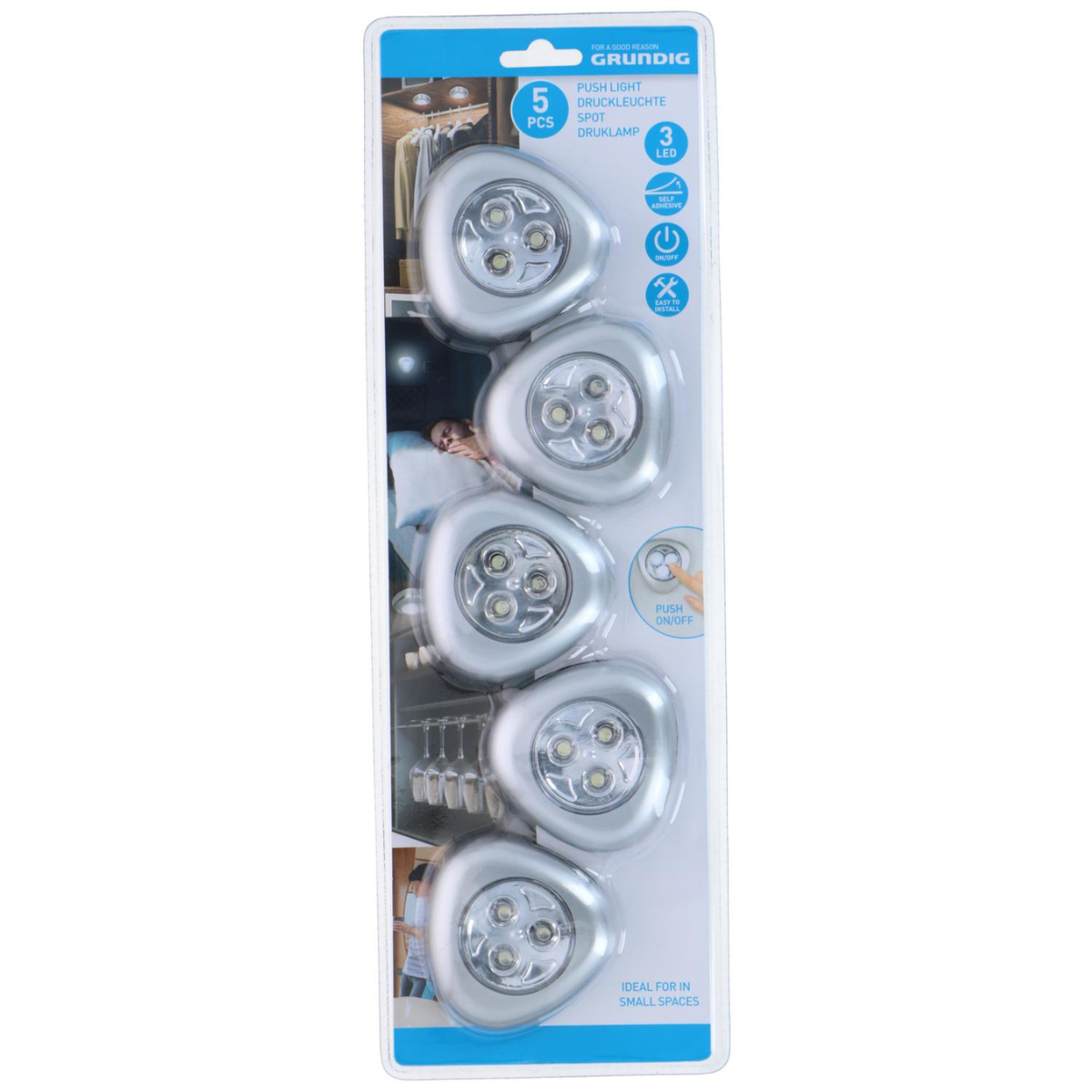 Eine Packung Drucklichter in einer Blisterverpackung. Die Lichter sind silberfarben.