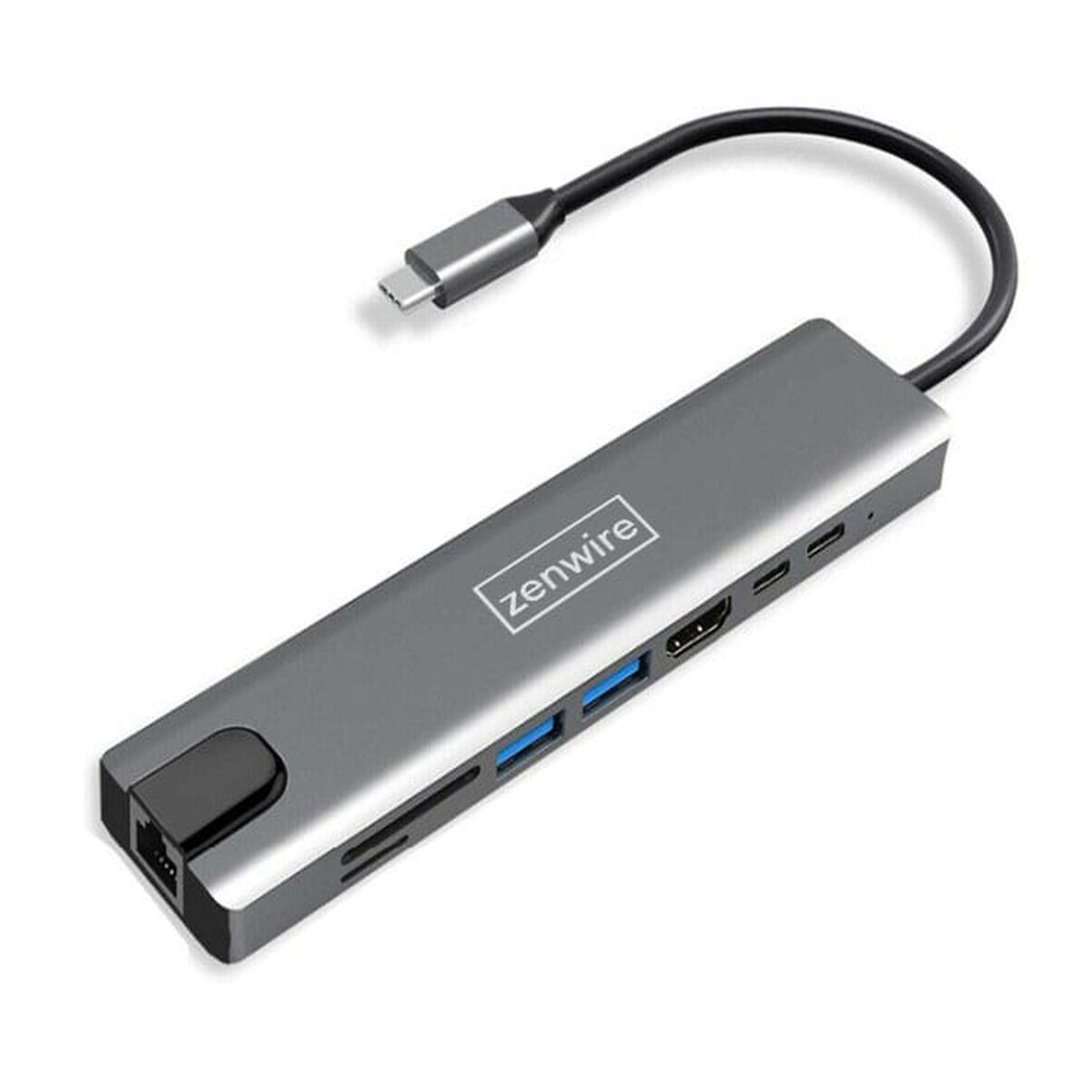 Szary hub USB-C z wieloma portami, w tym USB, HDMI i gniazdami kart SD.