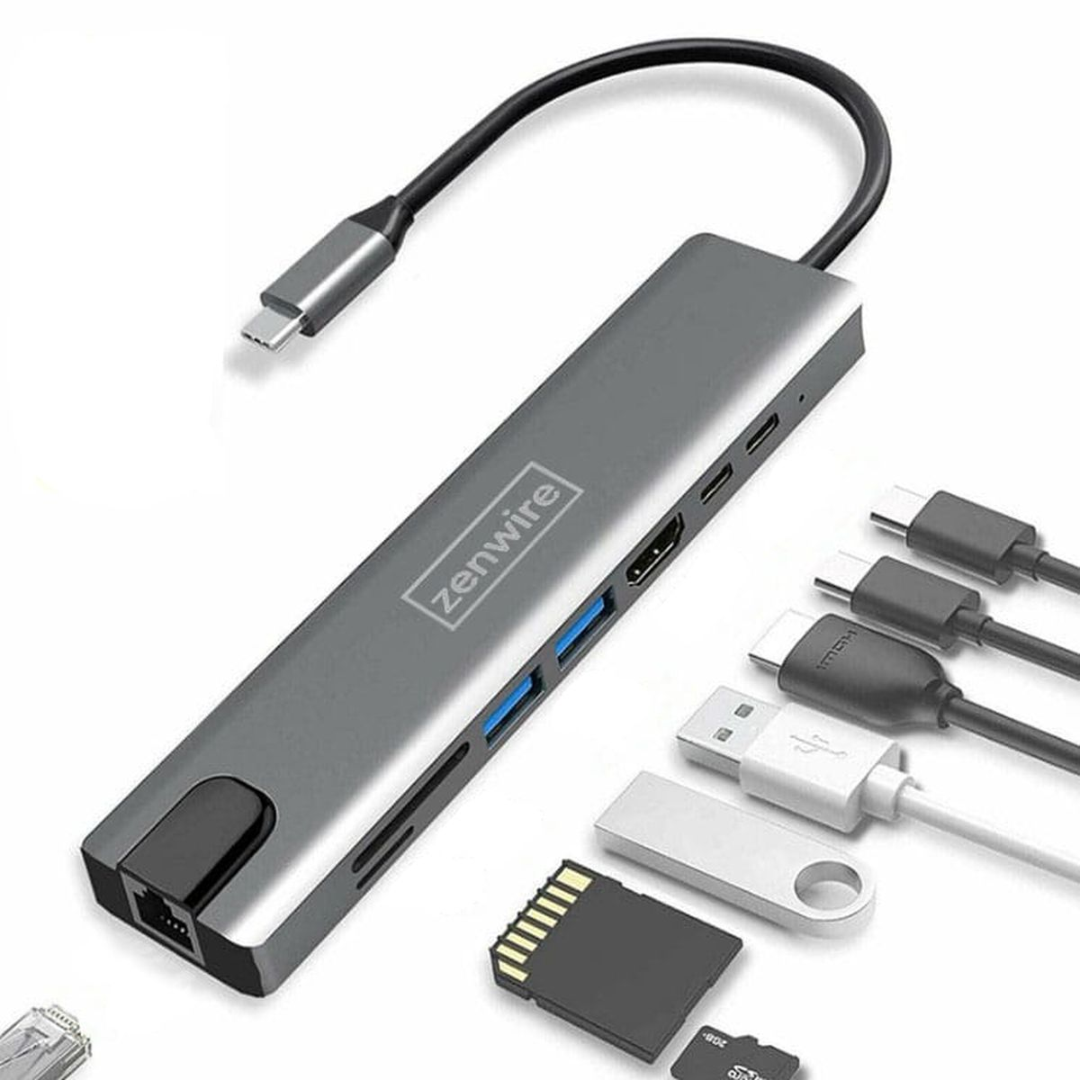 Szary hub USB-C z wieloma portami, w tym HDMI, USB i czytnikami kart, z różnymi złączami.
