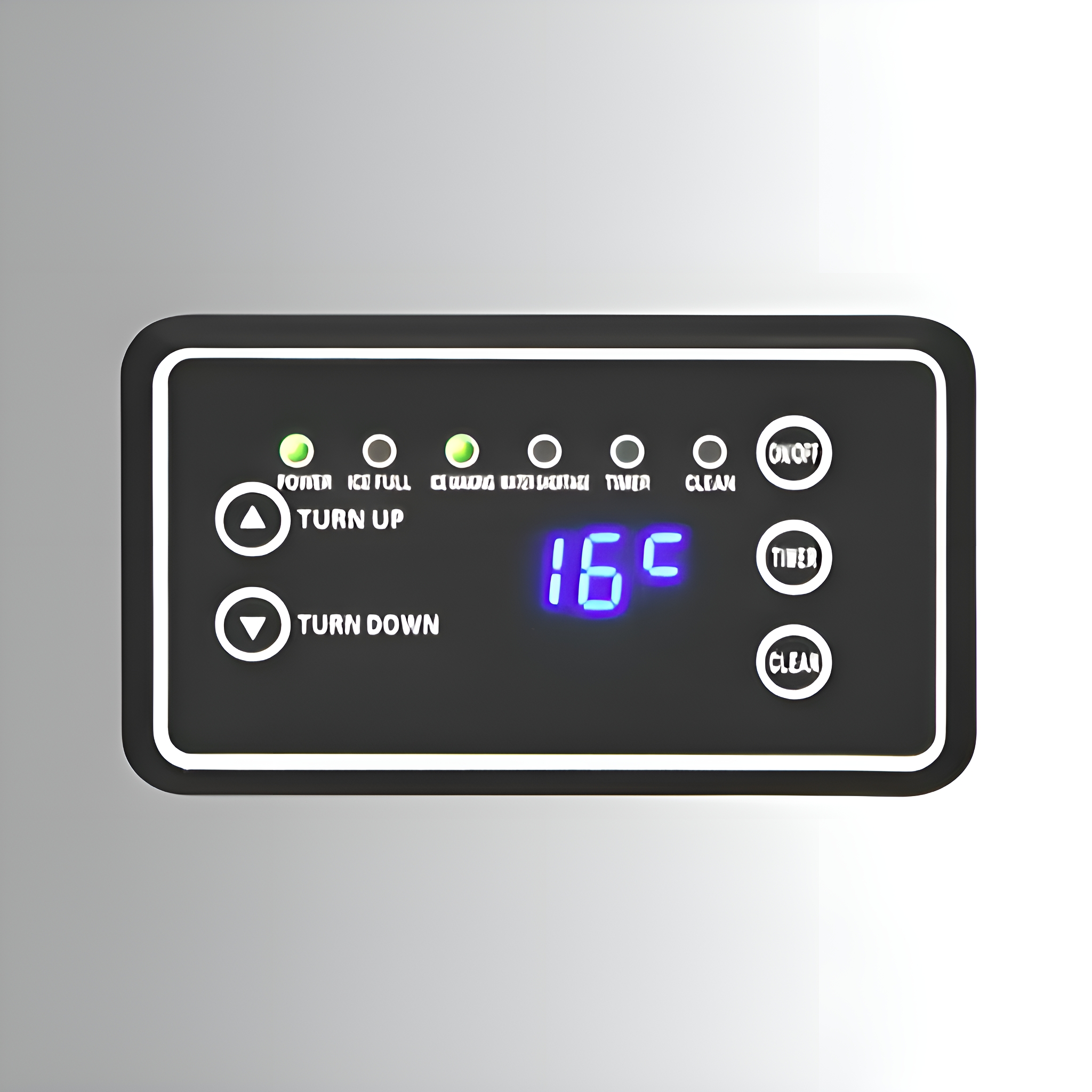 Schwarzes Bedienfeld der Eismaschine. Es hat Tasten und eine Digitalanzeige mit '16°'.