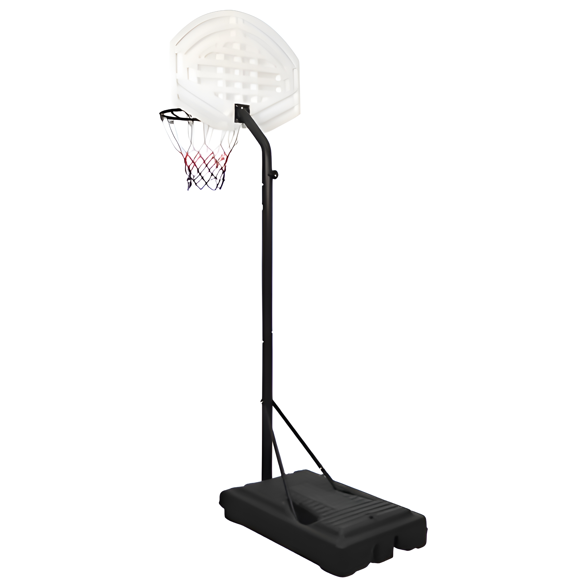 Schwarzes Basketballkorb-Set mit rechteckiger Basis und durchsichtigem Backboard.