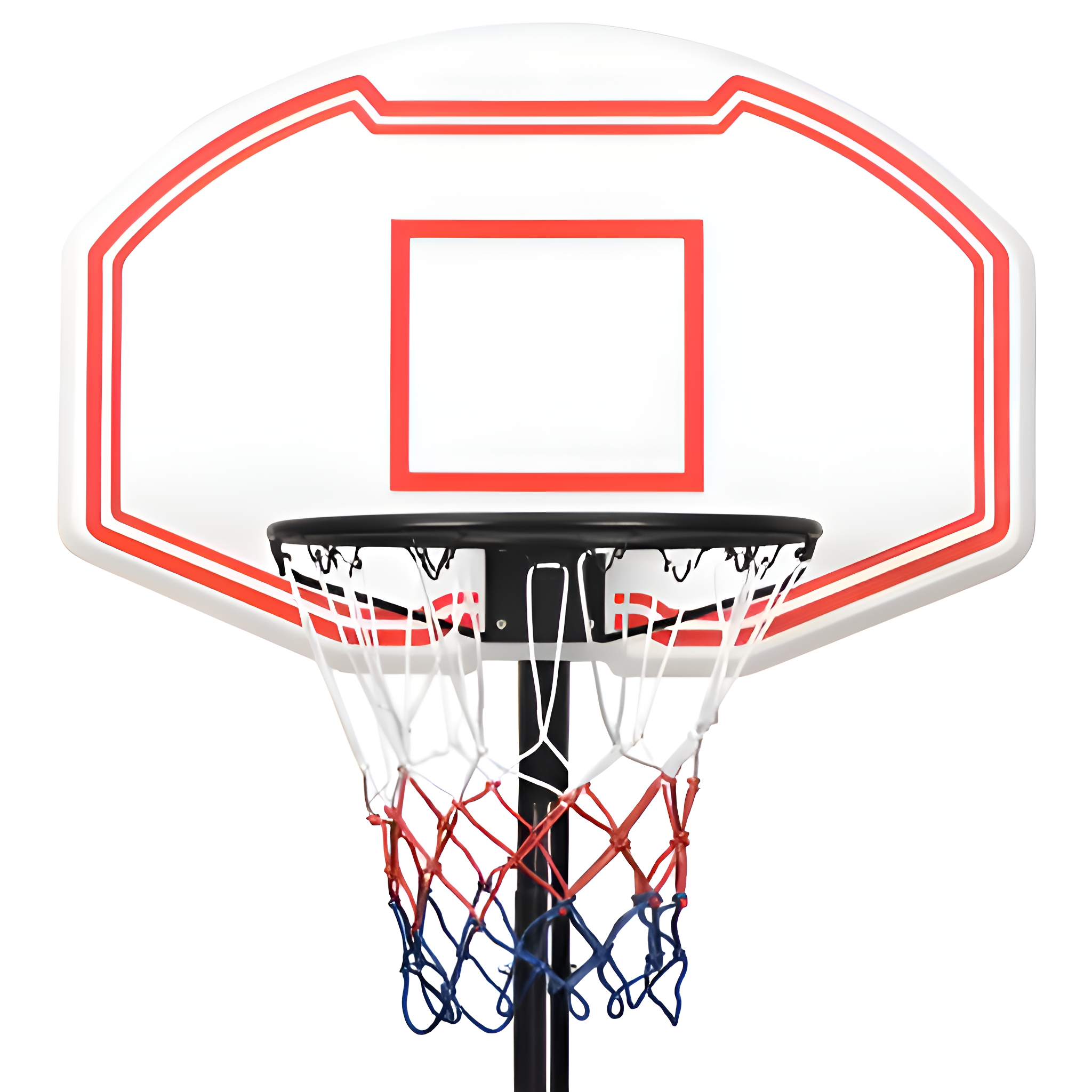 Ein Basketballkorb mit weißem Rückbrett, rotem Quadrat und rotem, weißem und blauem Netz.