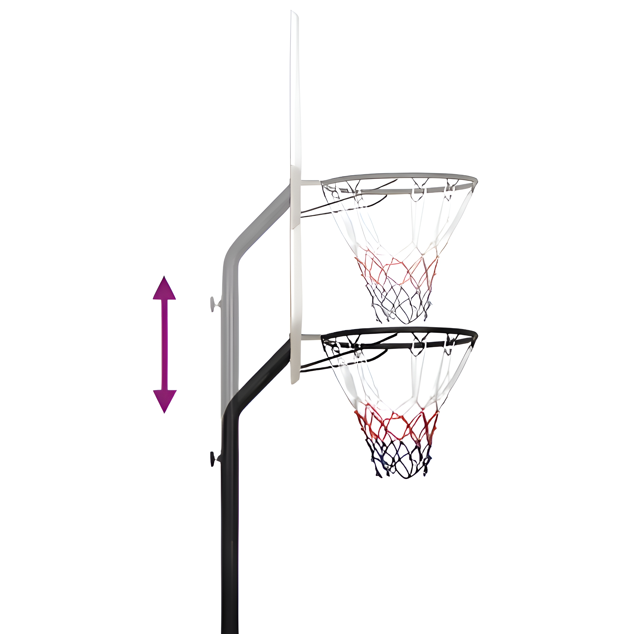 Ein Basketballkorb, der in zwei verschiedenen Höhen eingestellt ist, mit einem lila Pfeil, der die Höhenverstellung anzeigt.