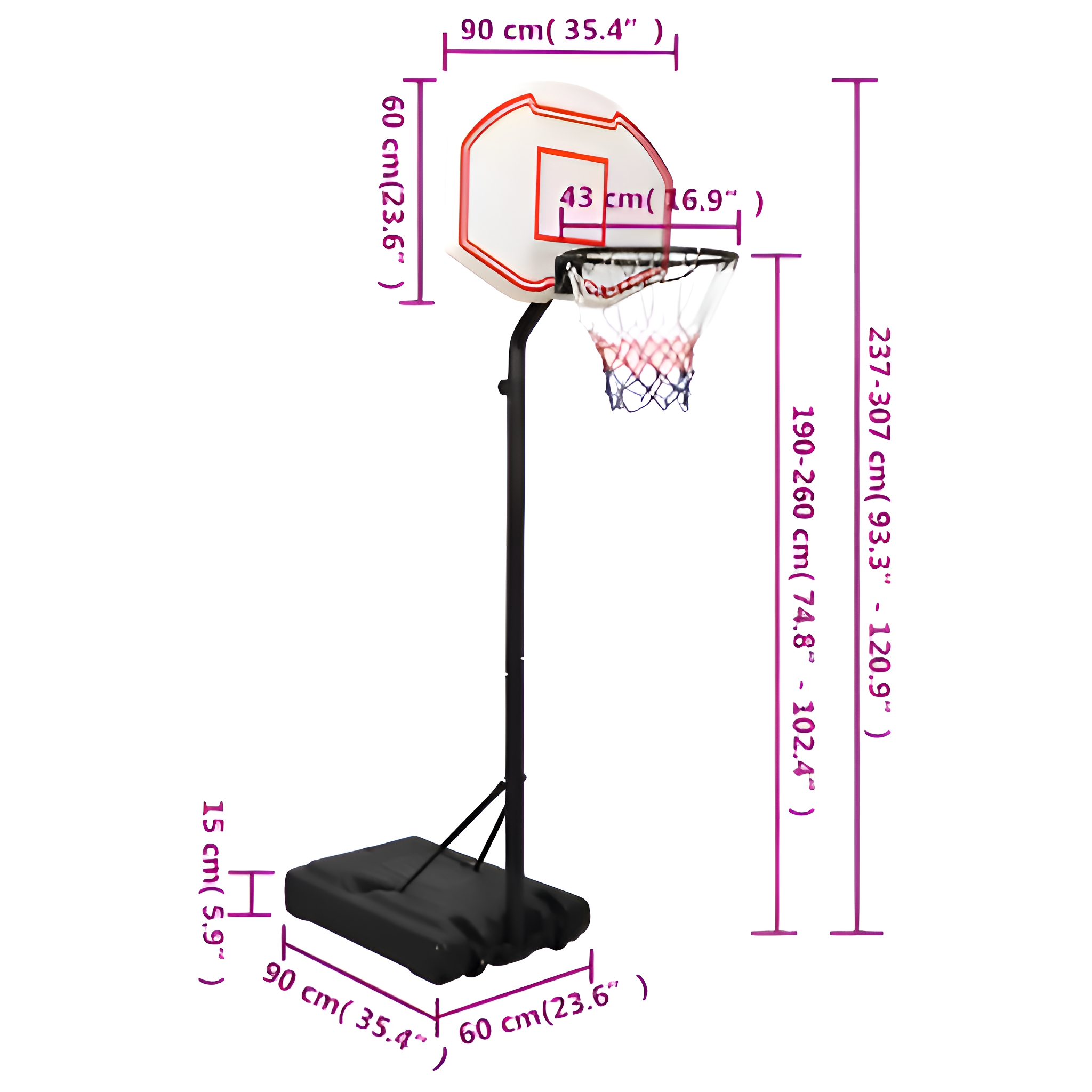 Basketballkorb mit Maßen. Weiße Platte, roter Ring und schwarze Basis.