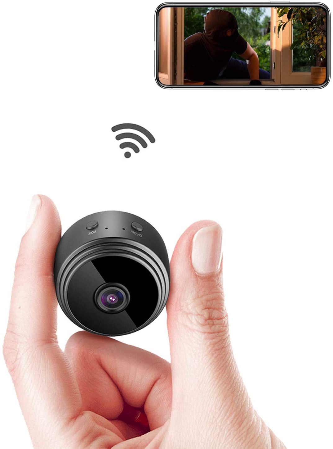 Eine Mini-Überwachungskamera, die von einer Hand gehalten wird, mit einem Telefon, das einen Einbrecher zeigt, der in ein Haus einbricht.