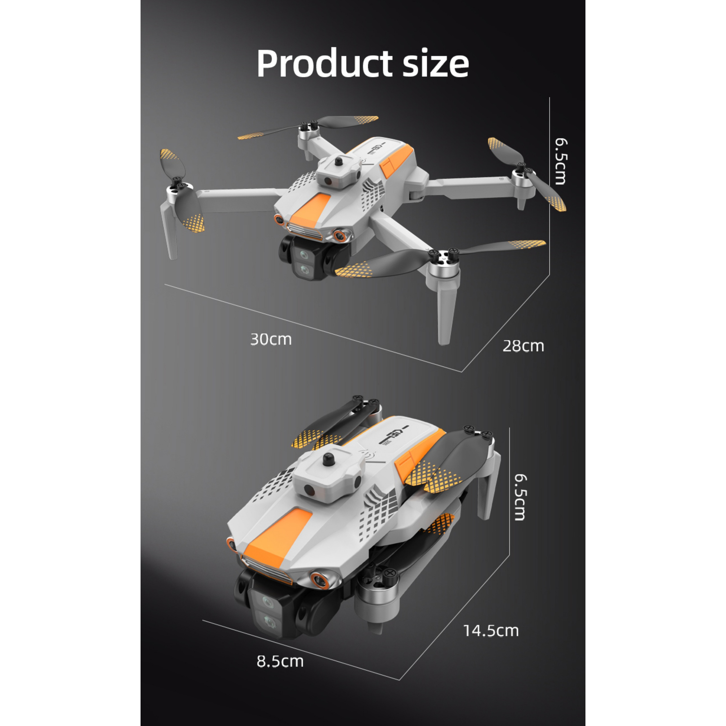 Zwei Bilder einer weiß-orangenen Drohne mit beschrifteten Abmessungen, aus verschiedenen Winkeln gezeigt.