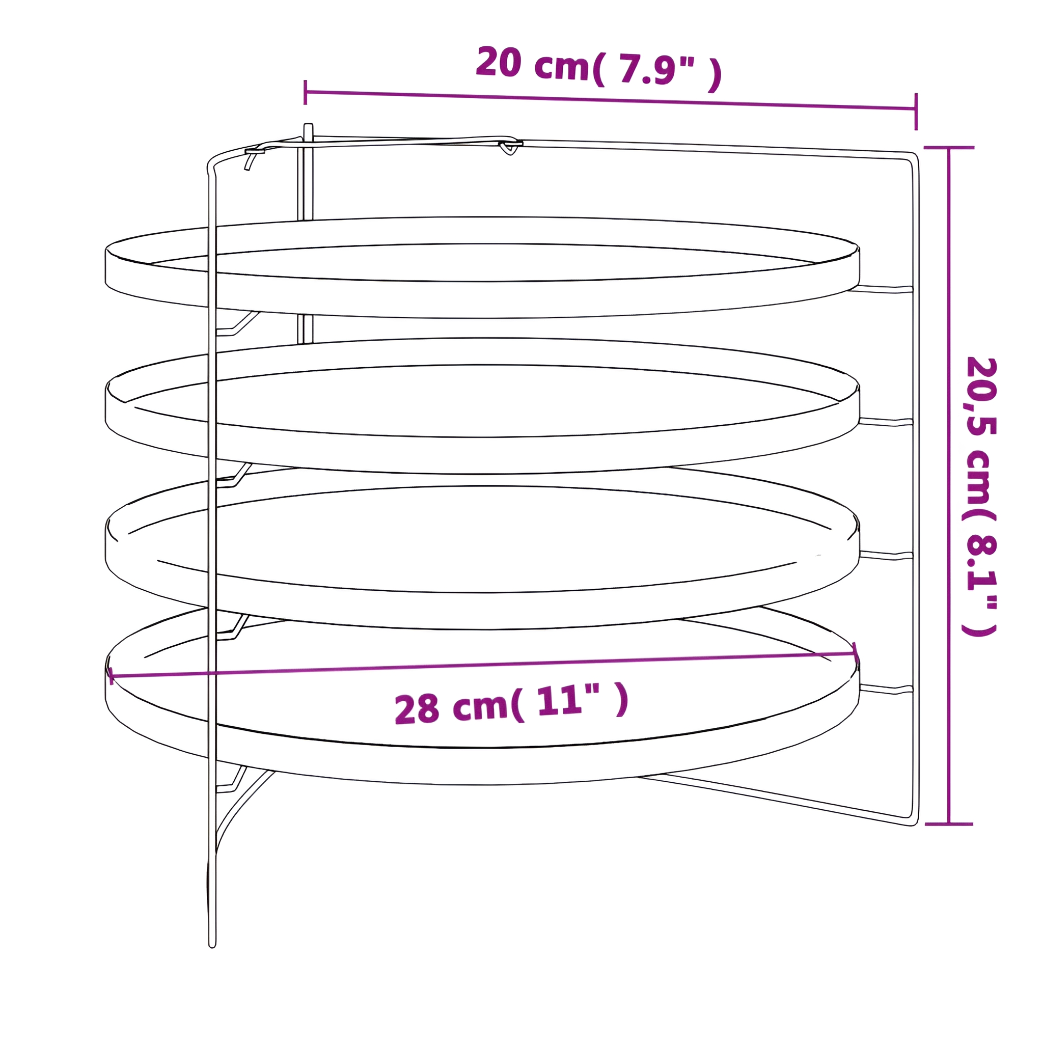 Ein Drahtregal mit vier kreisförmigen Regalböden. Es ist im technischen Illustrationsstil mit Abmessungen gezeichnet.