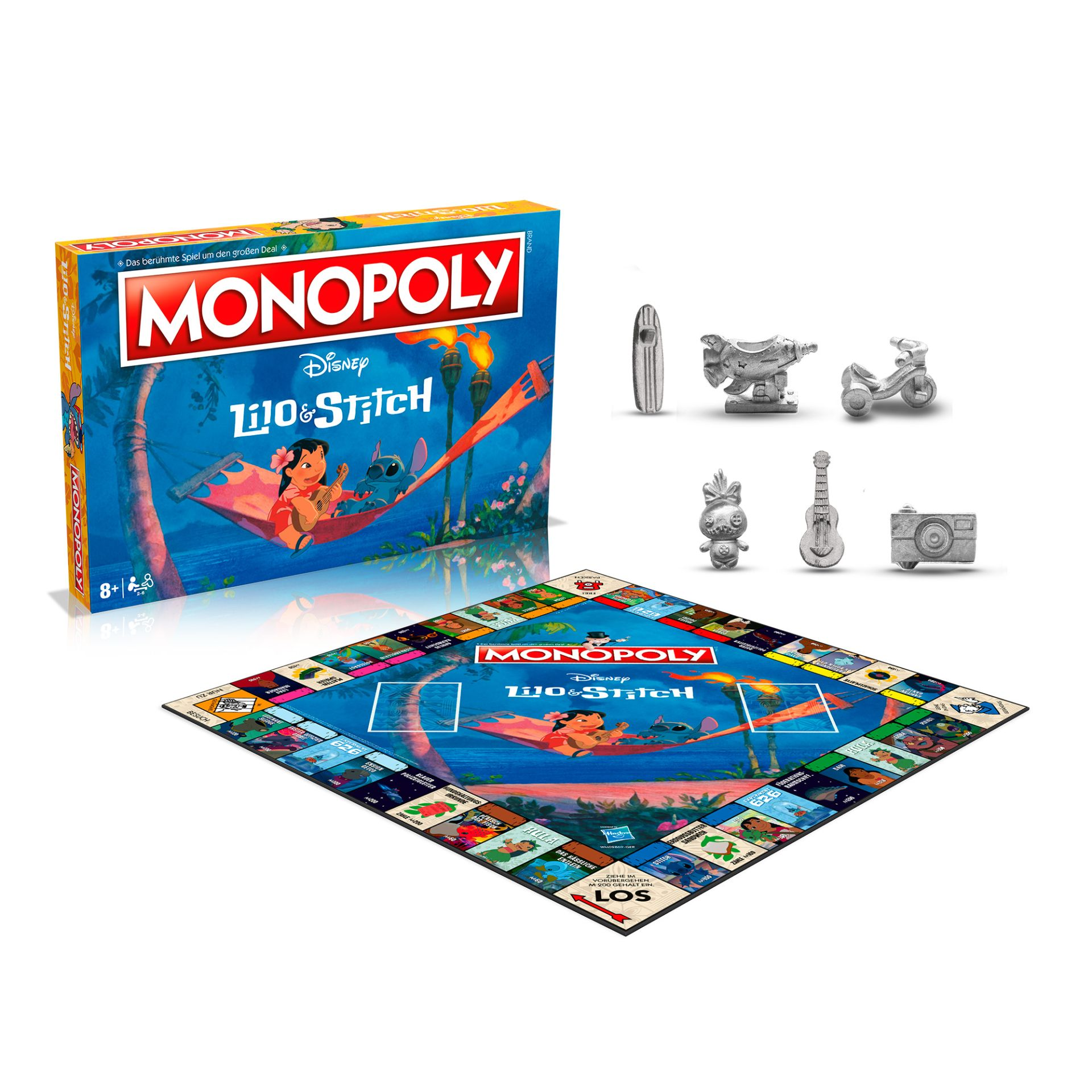 Monopoly Disney Lilo & Stitch Brettspiel. Box, Spielbrett und Spielsteine auf Weiß.