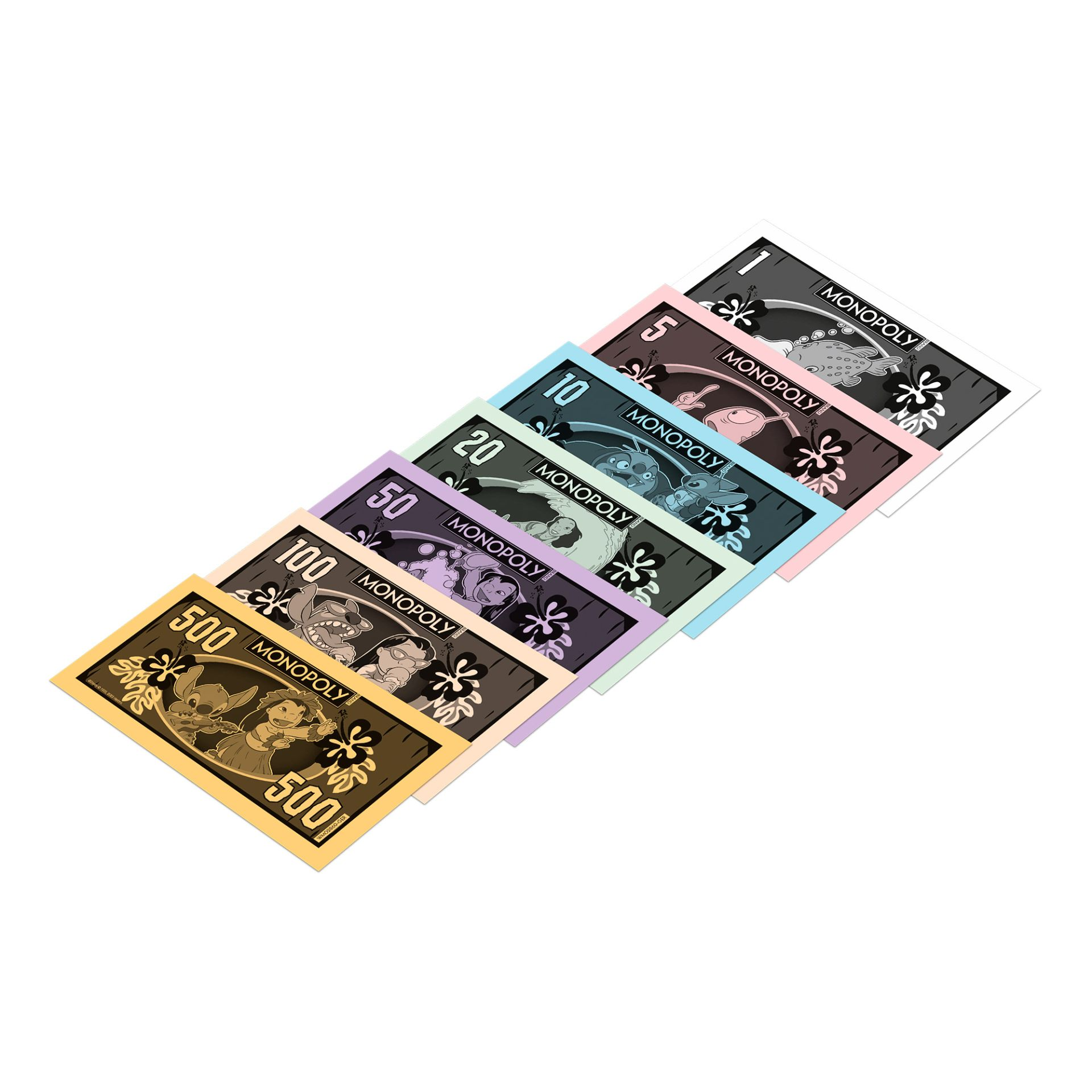 Monopoly-Geld in verschiedenen Farben. Jeder Schein zeigt eine Disney-Figur und das Monopoly-Logo.