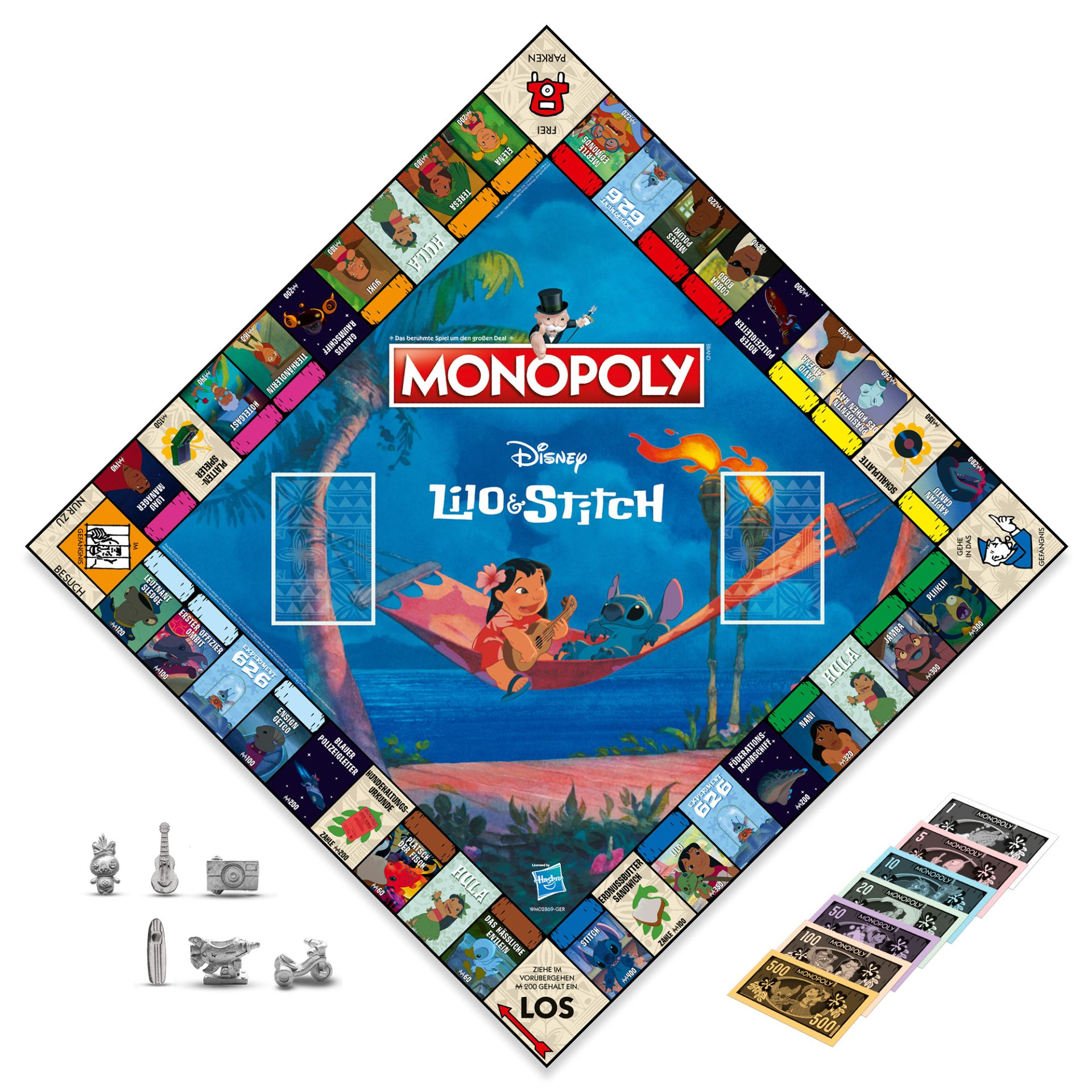 Das Disney Monopoly-Spiel, Lilo & Stitch-Thema. Das Brett ist rautenförmig, mit Spielfiguren und Geld.