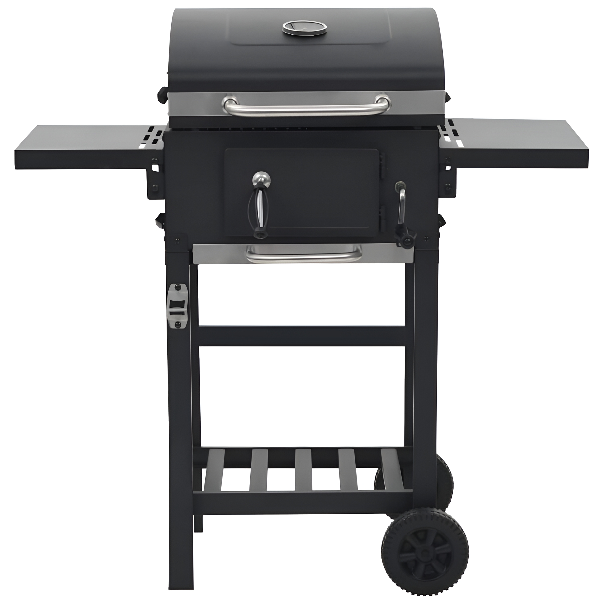Schwarzer Holzkohlegrill mit Seitenablagen und Rädern.