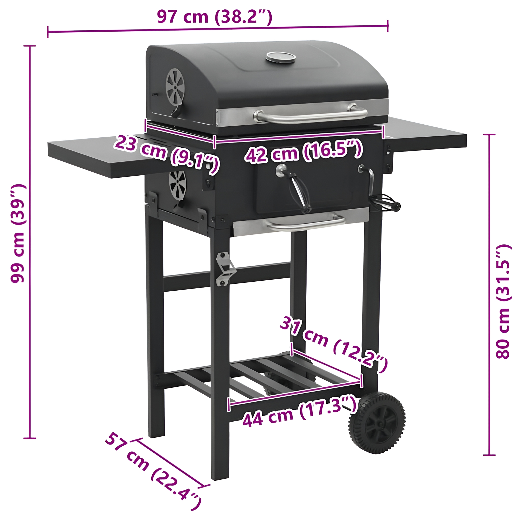 Ein schwarzer Grill mit Maßangaben, einschließlich 97 cm Breite und 99 cm Höhe.