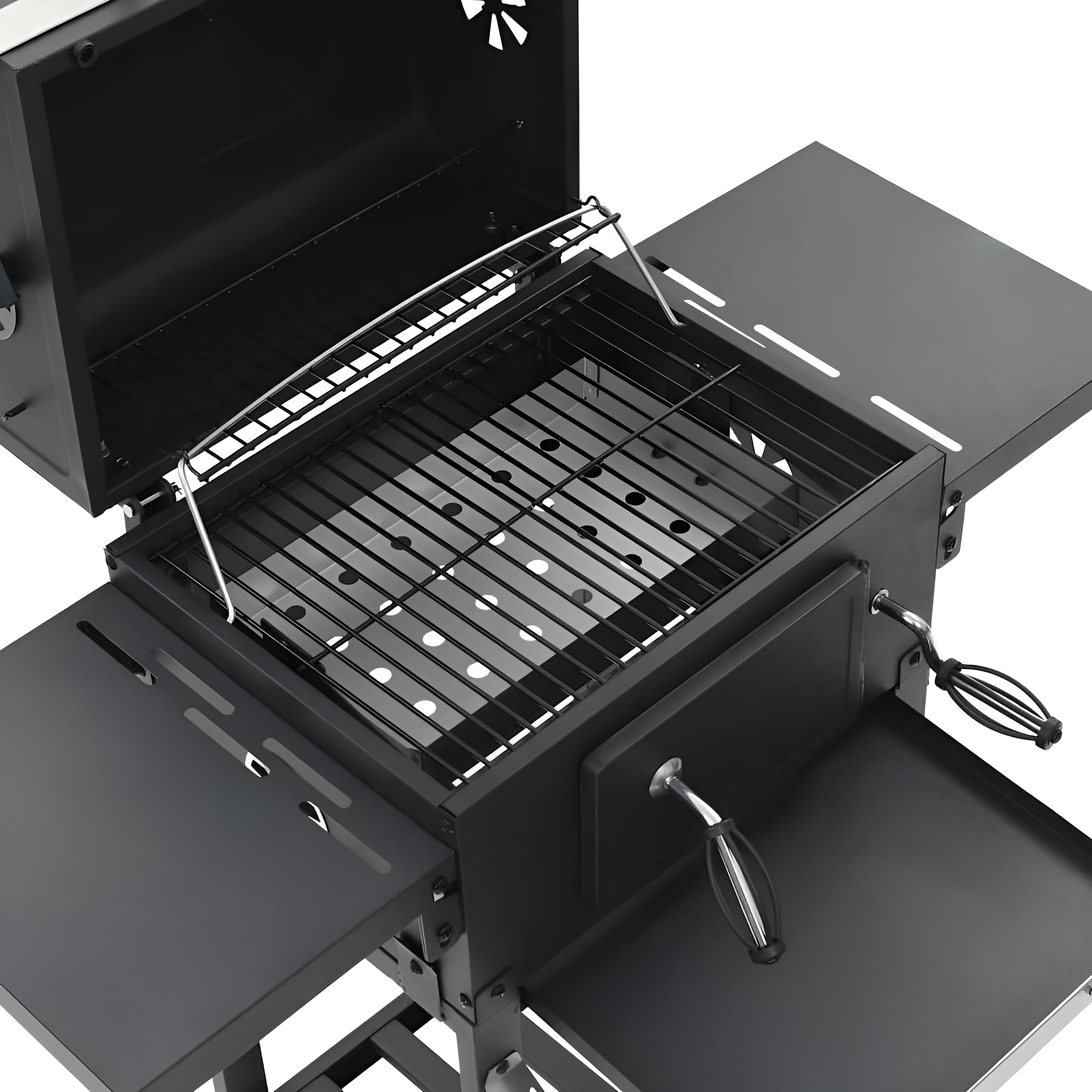 Schwarzer Grill mit offenem Deckel, Metallrosten und Seitentischen.