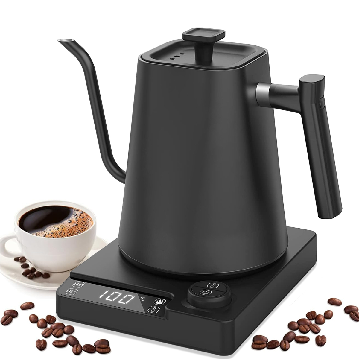 Schwarzer elektrischer Schwanenhalskessel auf Sockel, Tasse Kaffee und Bohnen.