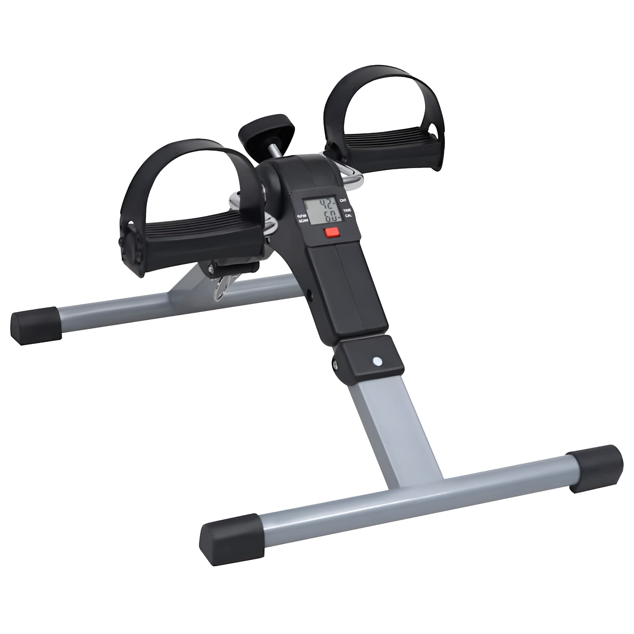 Mini-Heimtrainer mit Pedalen und Digitalanzeige. Grauer Rahmen, schwarze Pedale und Anzeige.