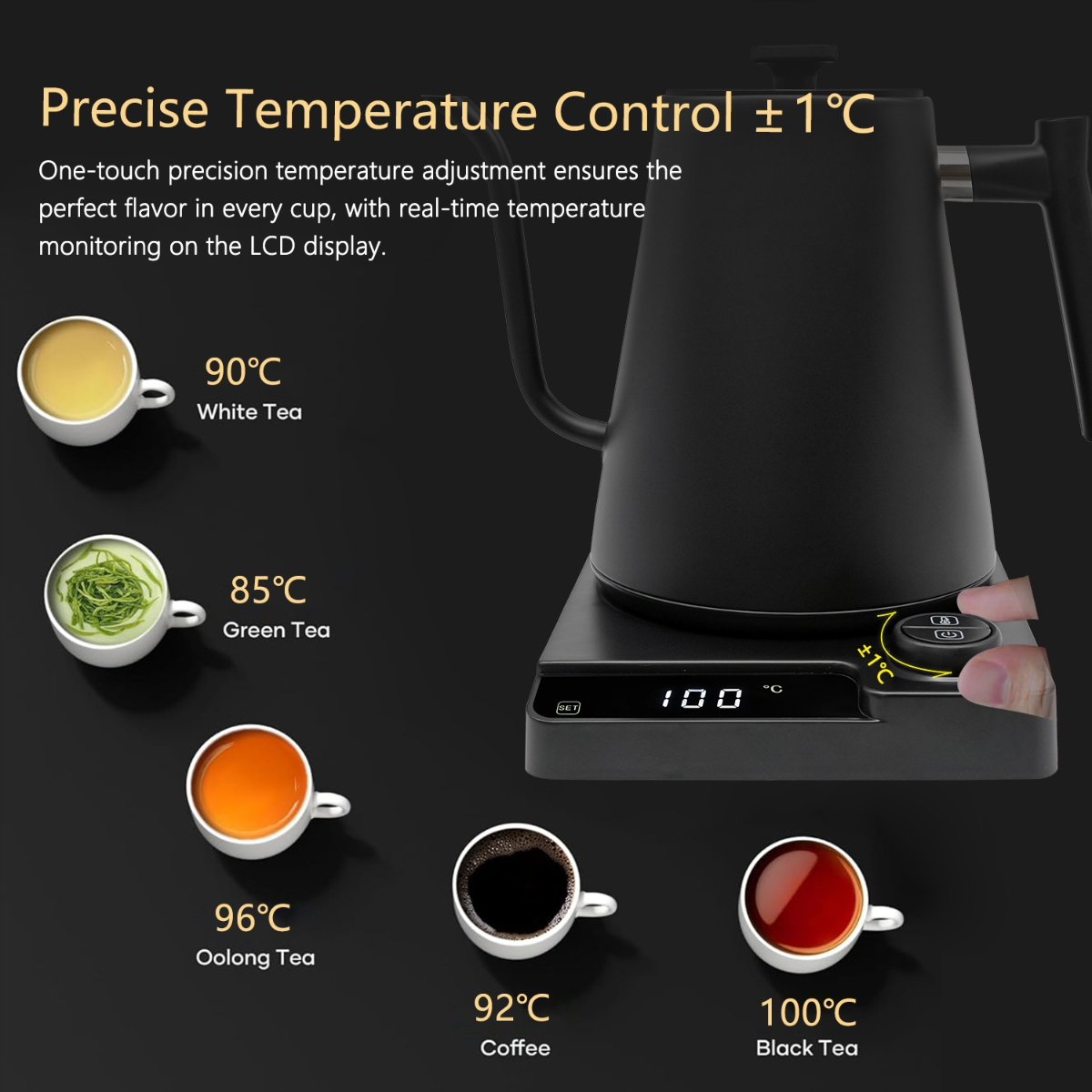Schwarzer Wasserkocher mit Tassen Tee bei verschiedenen Temperaturen: weißer, grüner, Oolong-, Kaffee- und Schwarztee.