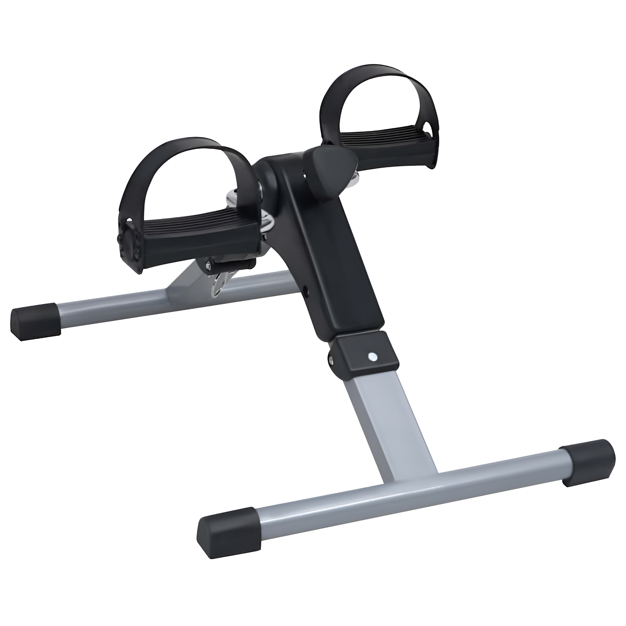 Mini-Heimtrainer mit schwarzen Pedalen, grauem Rahmen und schwarzen Fußpads. Weißer Hintergrund.