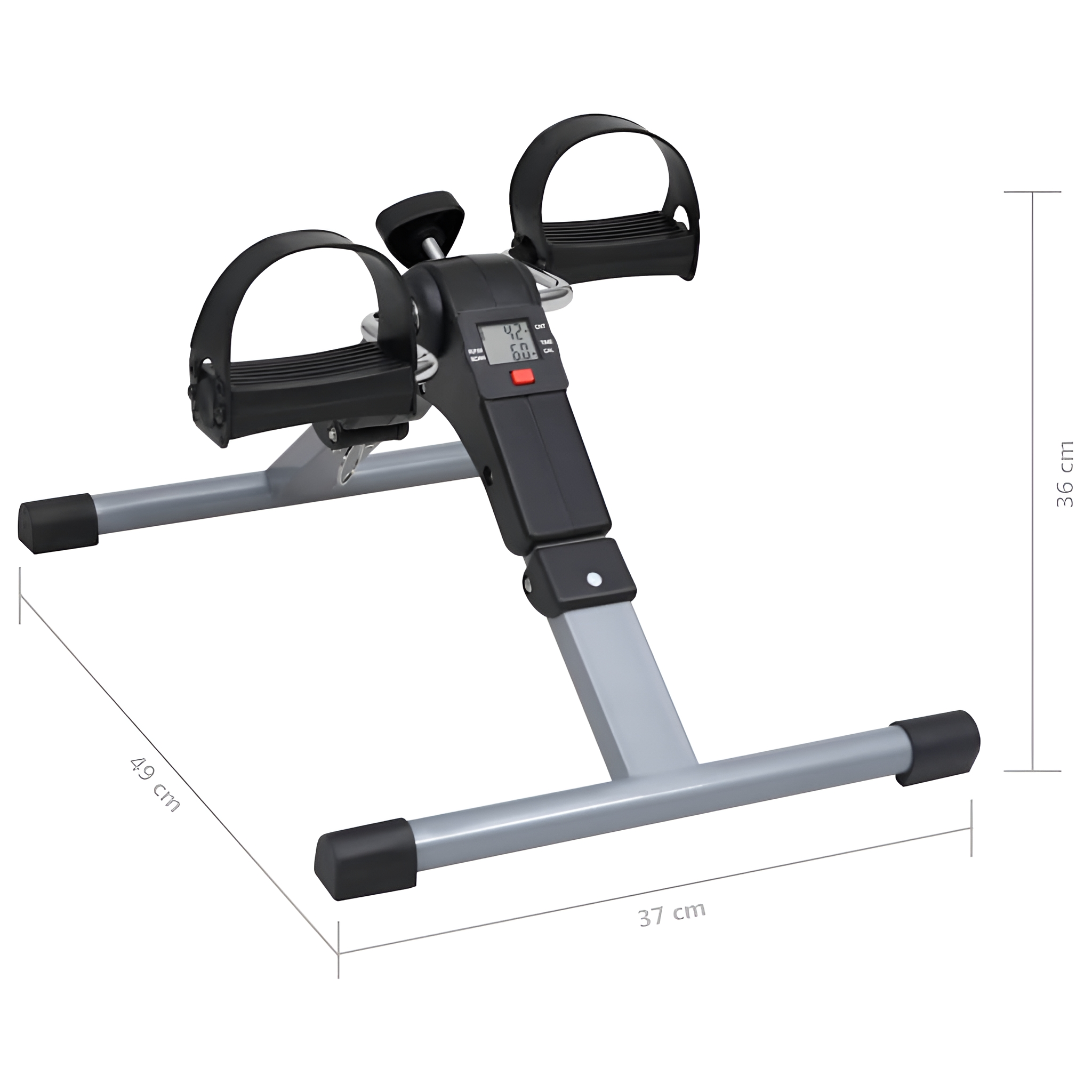 Ein Trainingsfahrrad mit Digitalanzeige, Pedalen und grauem Rahmen. Abmessungen: 49 cm x 37 cm x 36 cm.