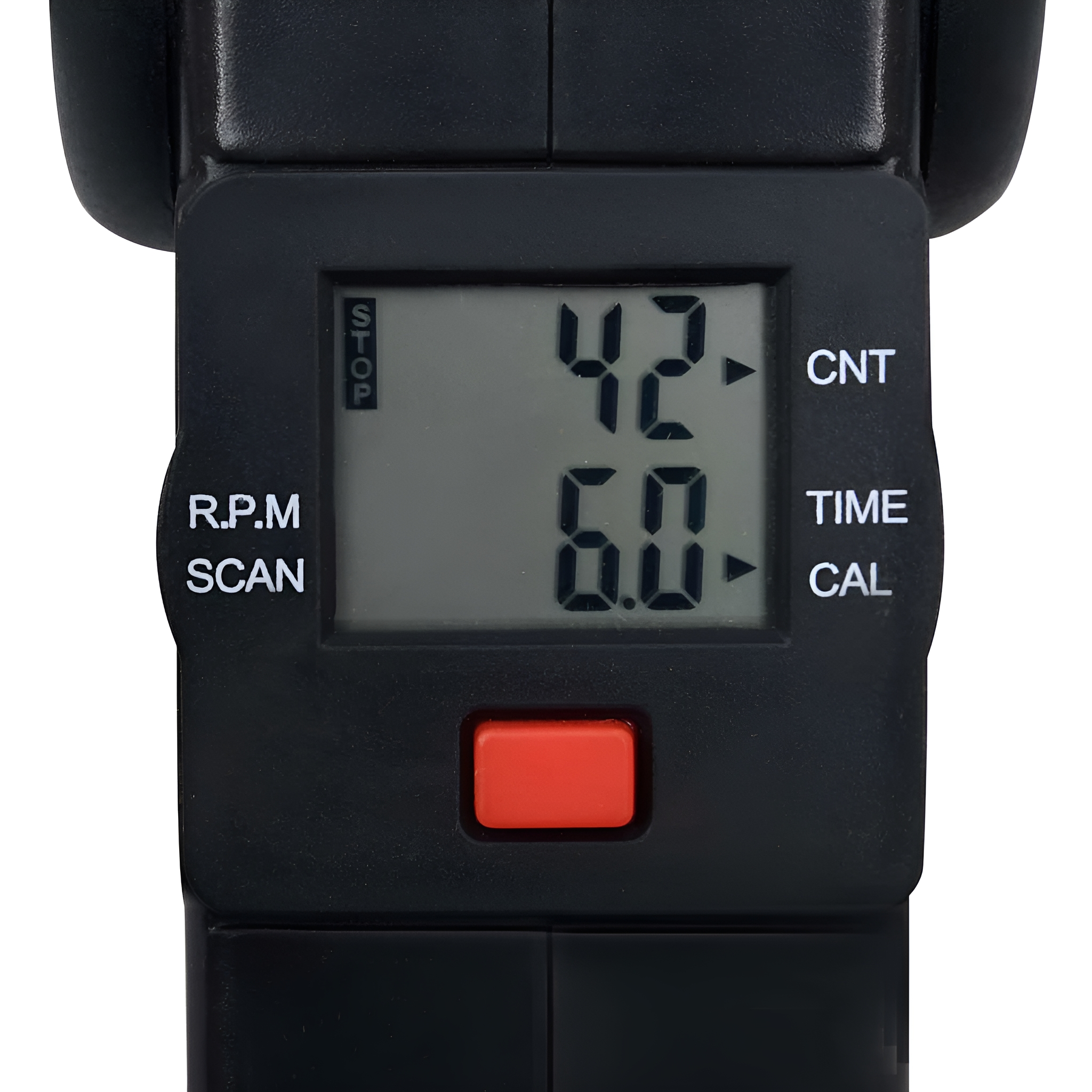 Nahaufnahme des Displays einer schwarzen Fitnessmaschine mit 42, 6.0, R.P.M, scan, time, cal, stop.