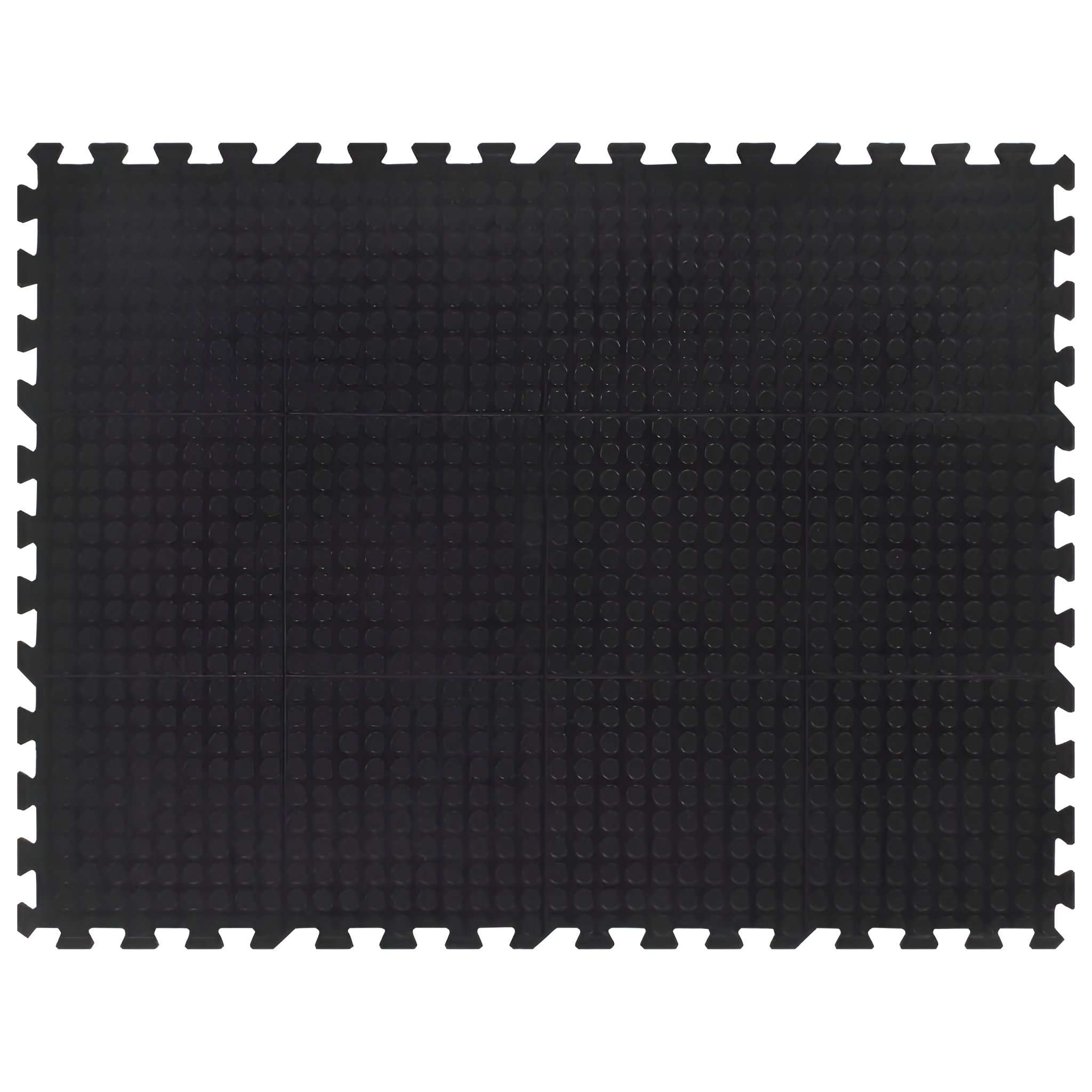Eine schwarze, ineinandergreifende Gummi-Bodenmatte mit kreisförmigen Mustern.