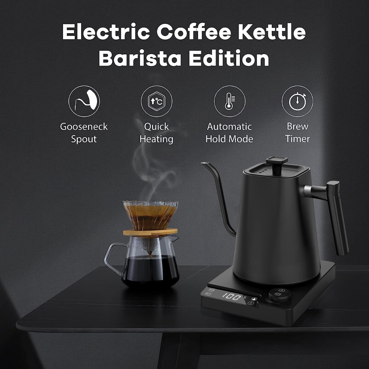 Ein schwarzer elektrischer Wasserkocher mit Schwanenhalsausguss, der Kaffee brüht. Enthält eine Glaskaraffe und ein Digitaldisplay.