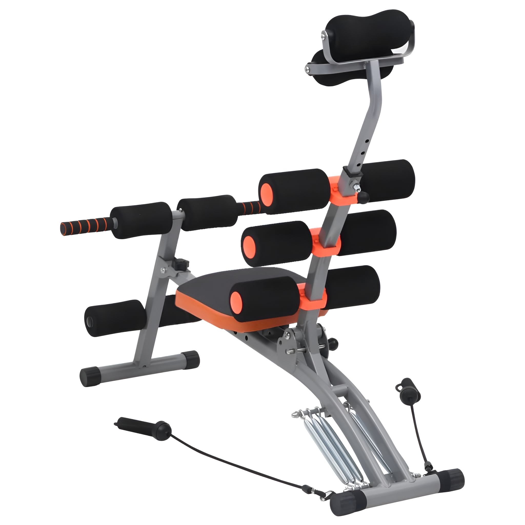 Ein Bauchmuskeltrainer mit grauem Rahmen, orangefarbenen Akzenten und schwarzen Polstern. Er hat Griffe, Beinauflagen und Federn.