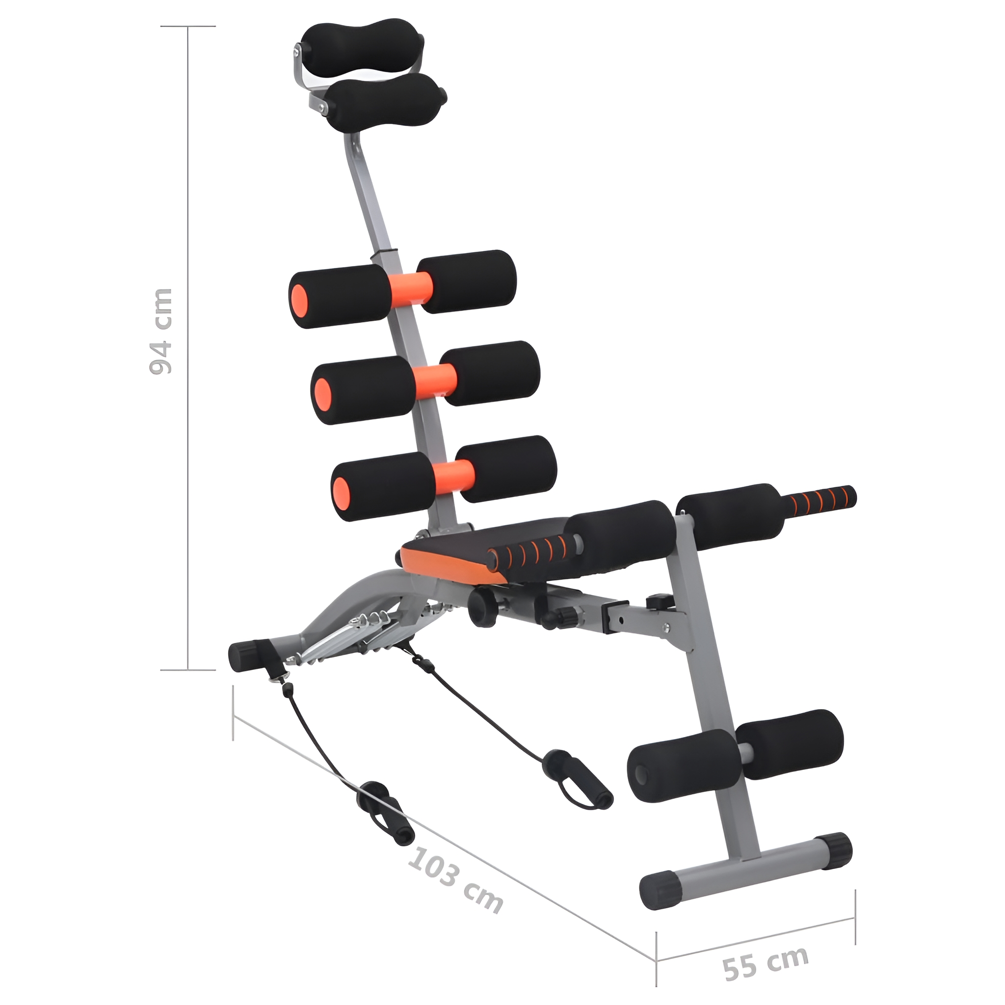 Eine Bauchmuskeltrainingsmaschine. Grau mit schwarzer und orangefarbener Polsterung. Maße: 94x103x55 cm.