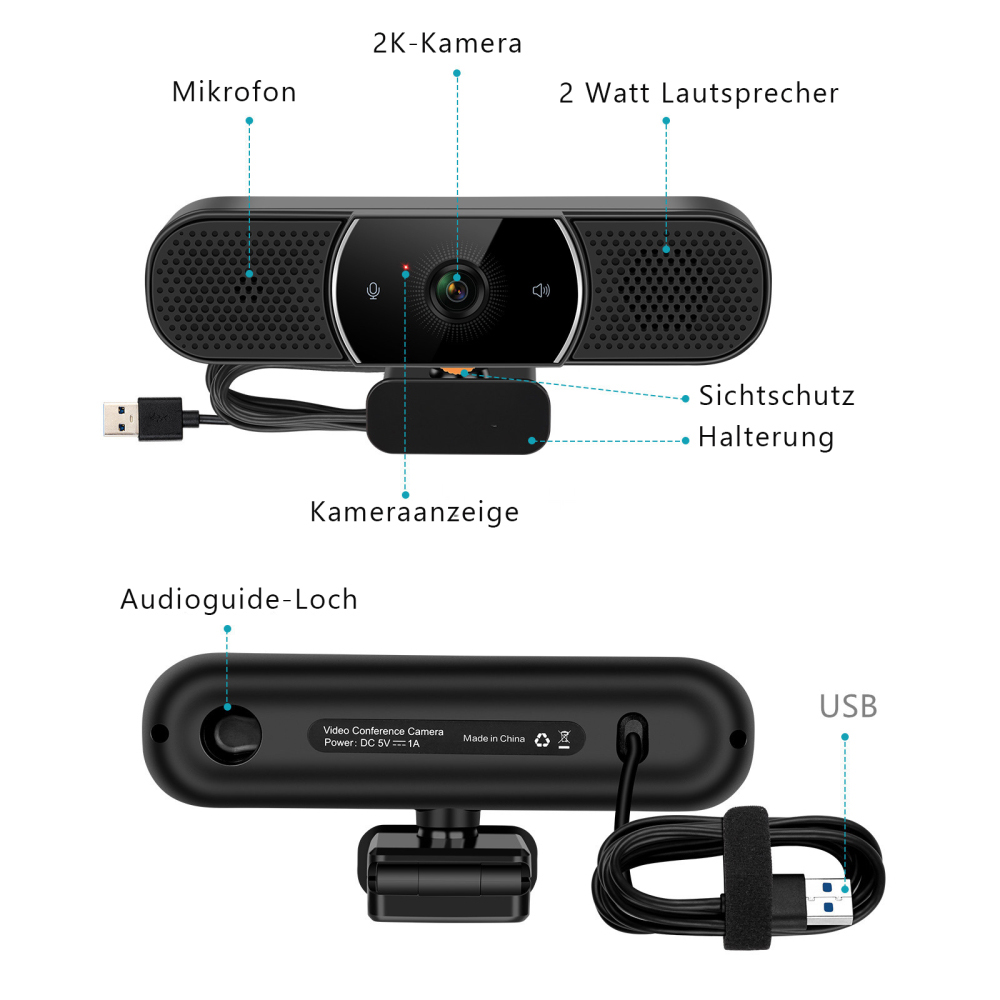 Webcam mit Vorder- und Rückansicht, beschriftet mit Funktionen: Mikrofon, Kamera und USB-Anschluss.