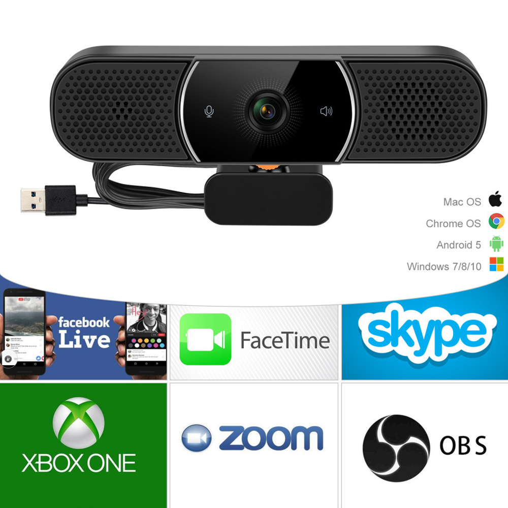 Webcam mit Logos von Mac, Chrome OS, Android und Windows. Anwendungen: Facebook, FaceTime, Skype, Zoom, OBS.
