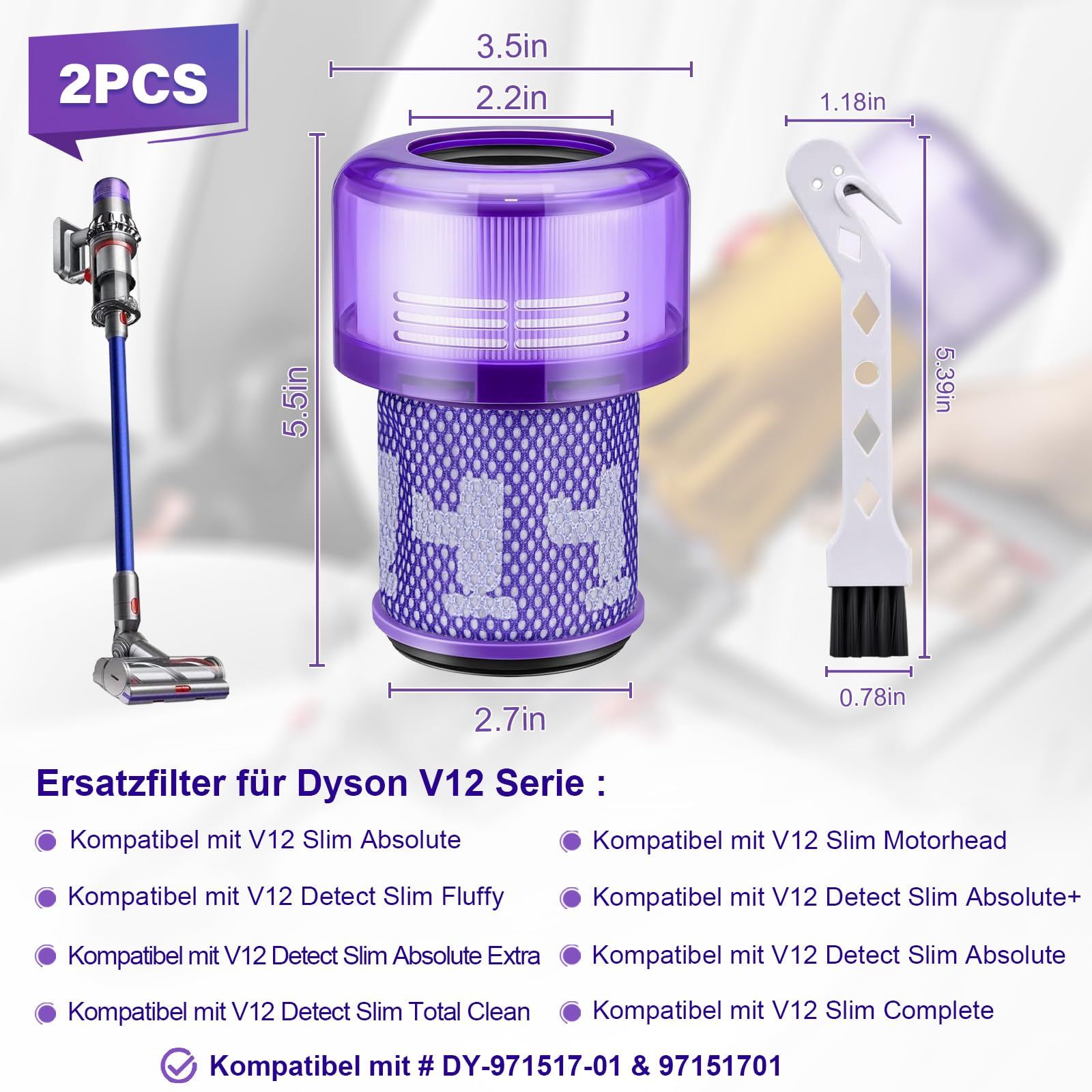 Teile für einen Dyson V12 Staubsauger, einschließlich Filter, Bürste und Zubehör, mit Abmessungen und Etiketten.
