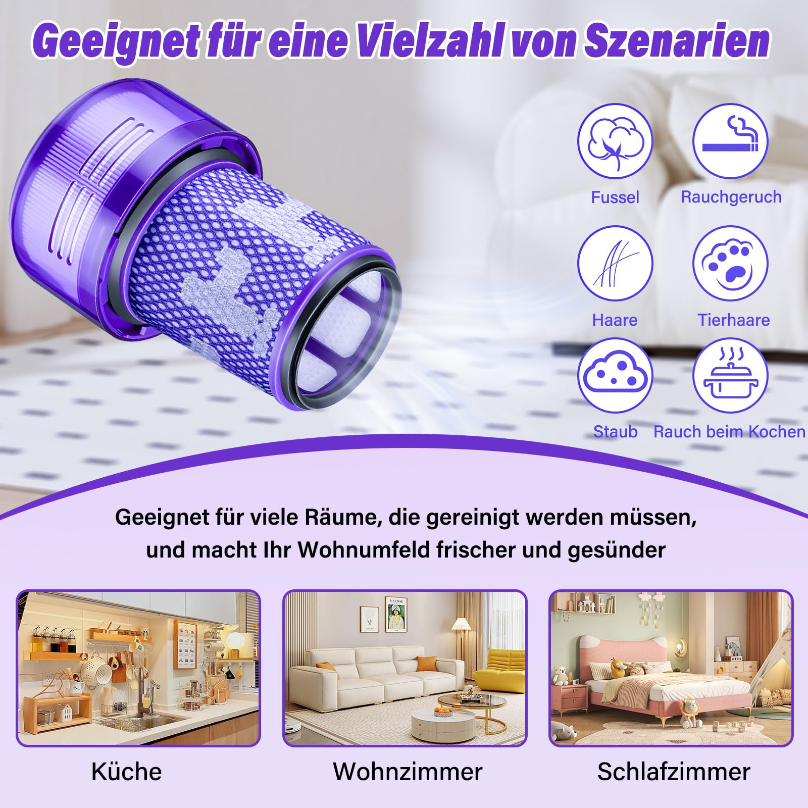 Lila Staubsaugerfilter mit Symbolen für die Entfernung von Haaren, Staub und Kochgerüchen.