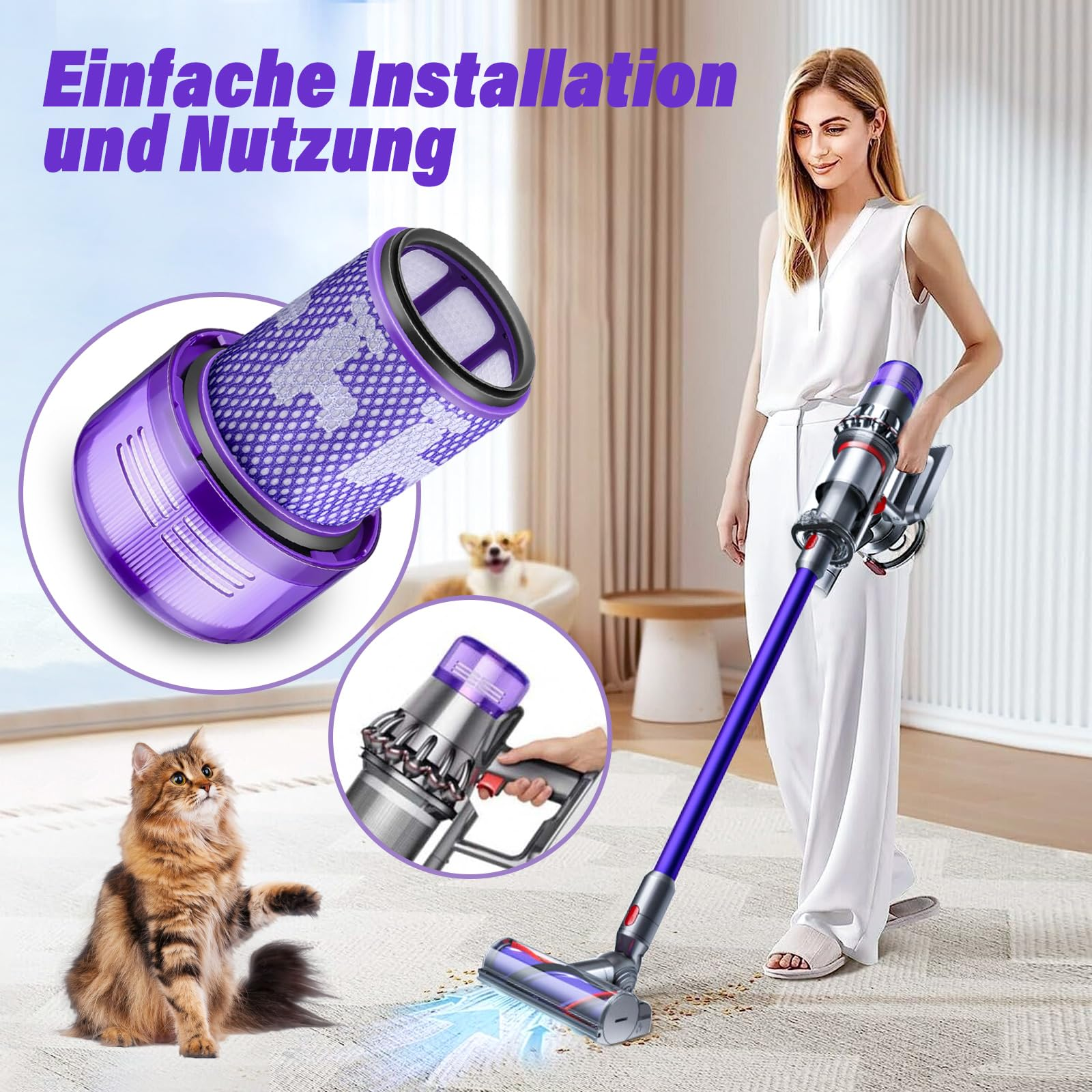 Frau benutzt einen lila-grauen Staubsauger. Eine Katze und ein Hund im Hintergrund.