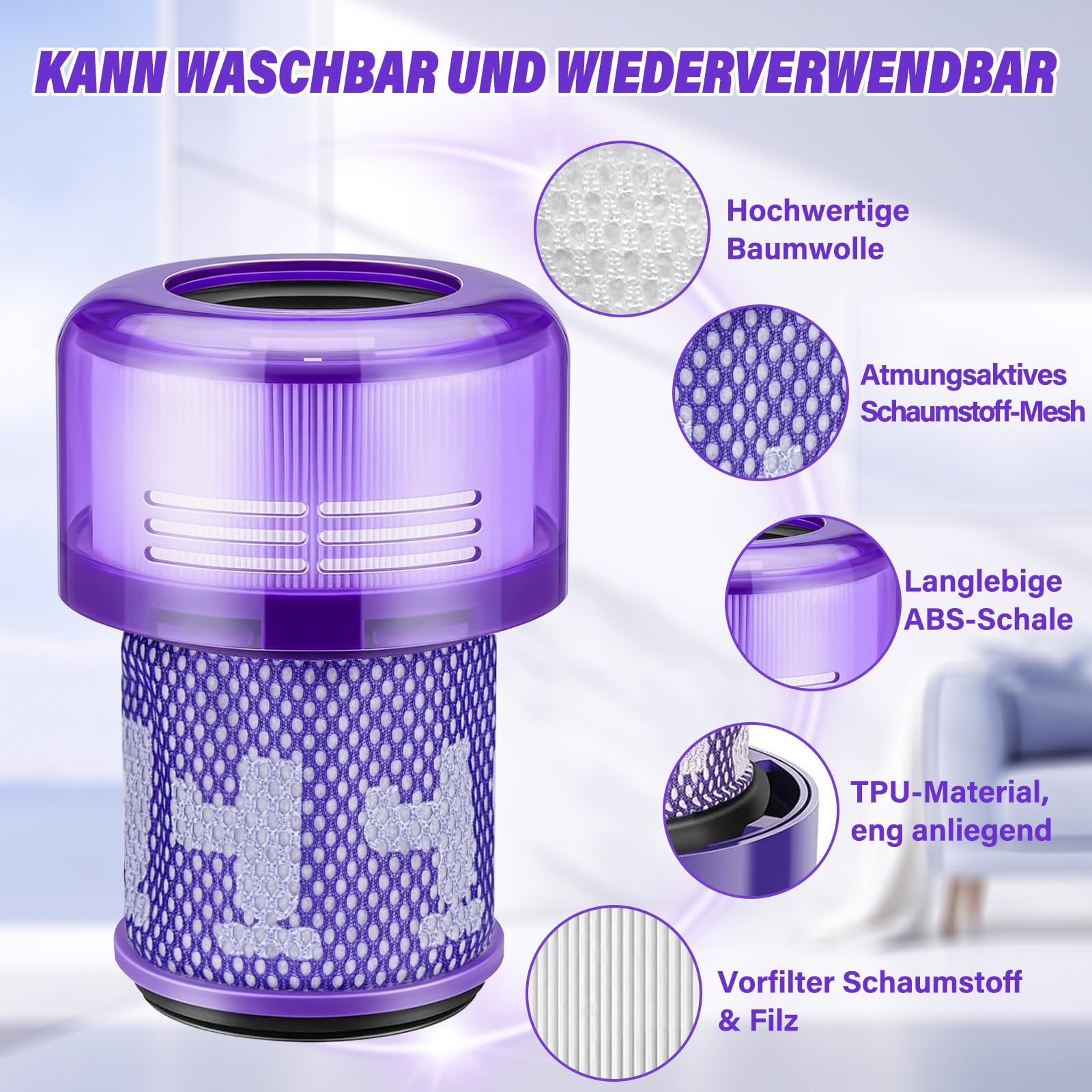 Ein violetter Luftfilter mit Etiketten. Es hat Mesh, Schaumstoff und eine haltbare ABS-Schale. Sagt, es ist waschbar.