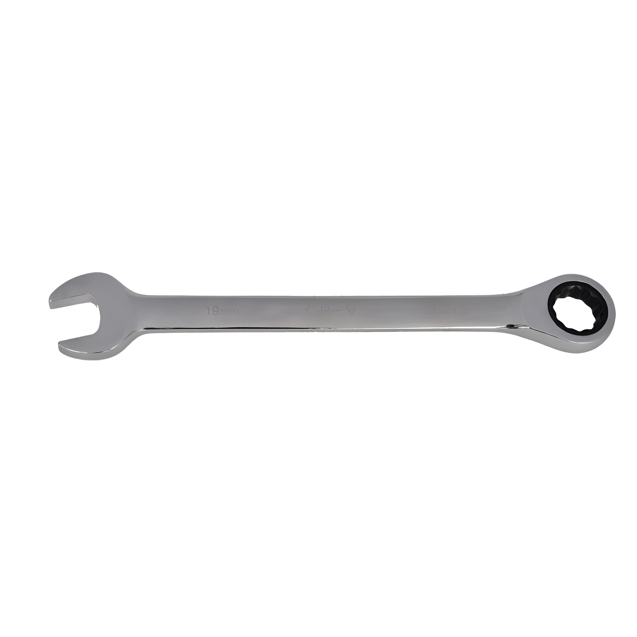 Ein silberner Schraubenschlüssel mit einem 19-mm-Kopf.