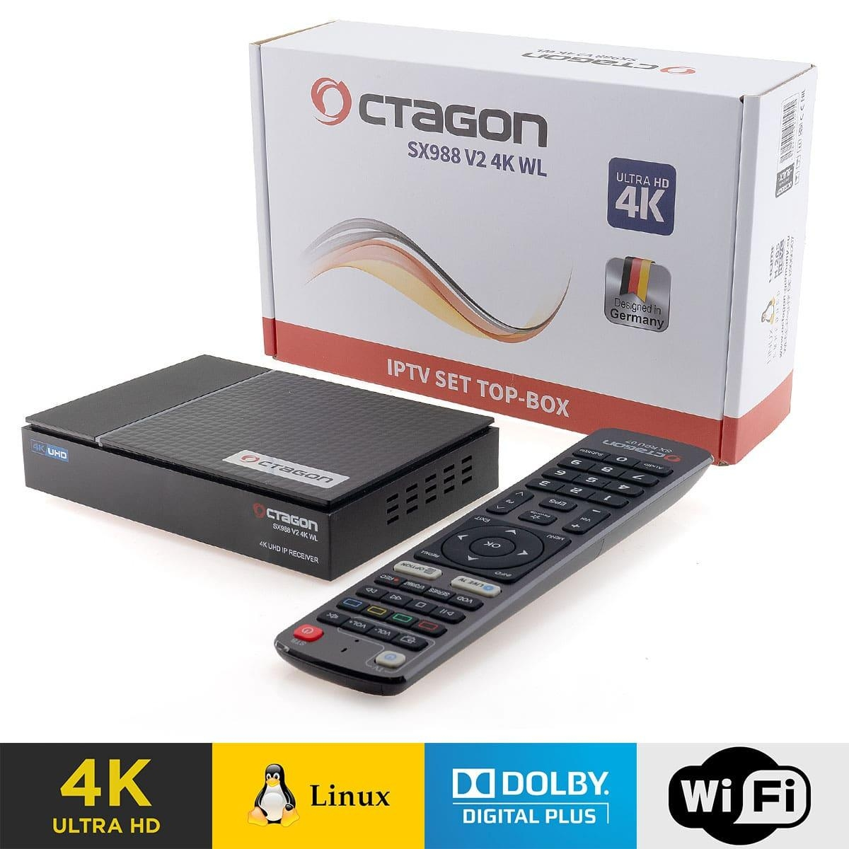 Eine schwarze IPTV-Set-Top-Box mit Fernbedienung, Box und Logos für 4K, Dolby und Linux.
