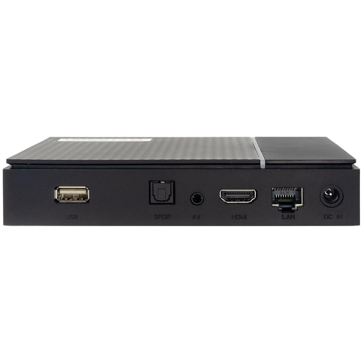 Schwarzes Gerät mit Anschlüssen: USB, SPDIF, AV, HDMI, LAN und DC IN, von hinten betrachtet.