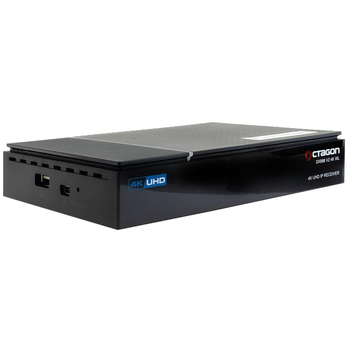 Octagon 4K UHD IP-Empfänger, schwarz, mit sichtbaren Anschlüssen und Produktinformationen.