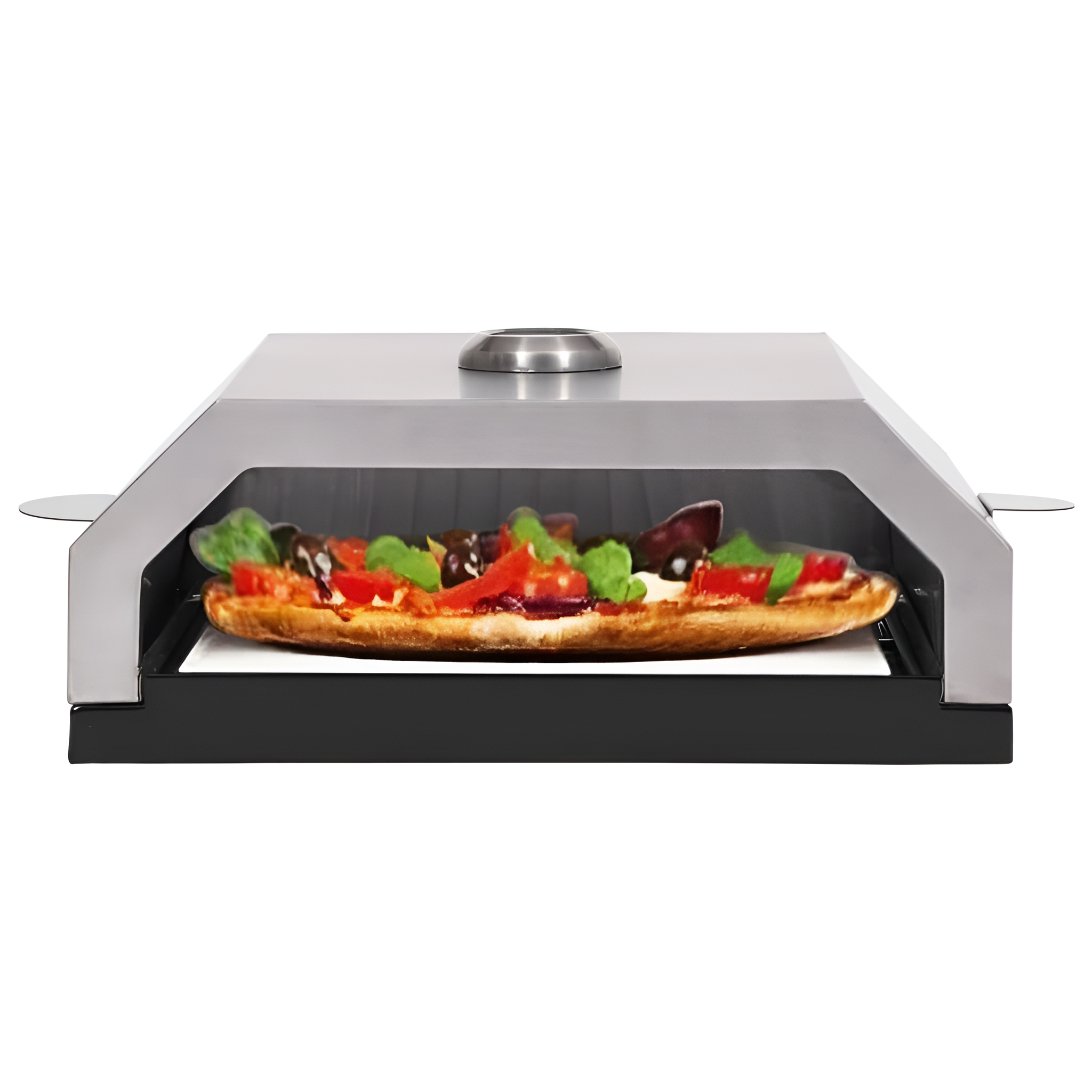 Pizza in Edelstahl-Pizzaofen. Die Pizza hat Tomaten, Gemüse und Käse.