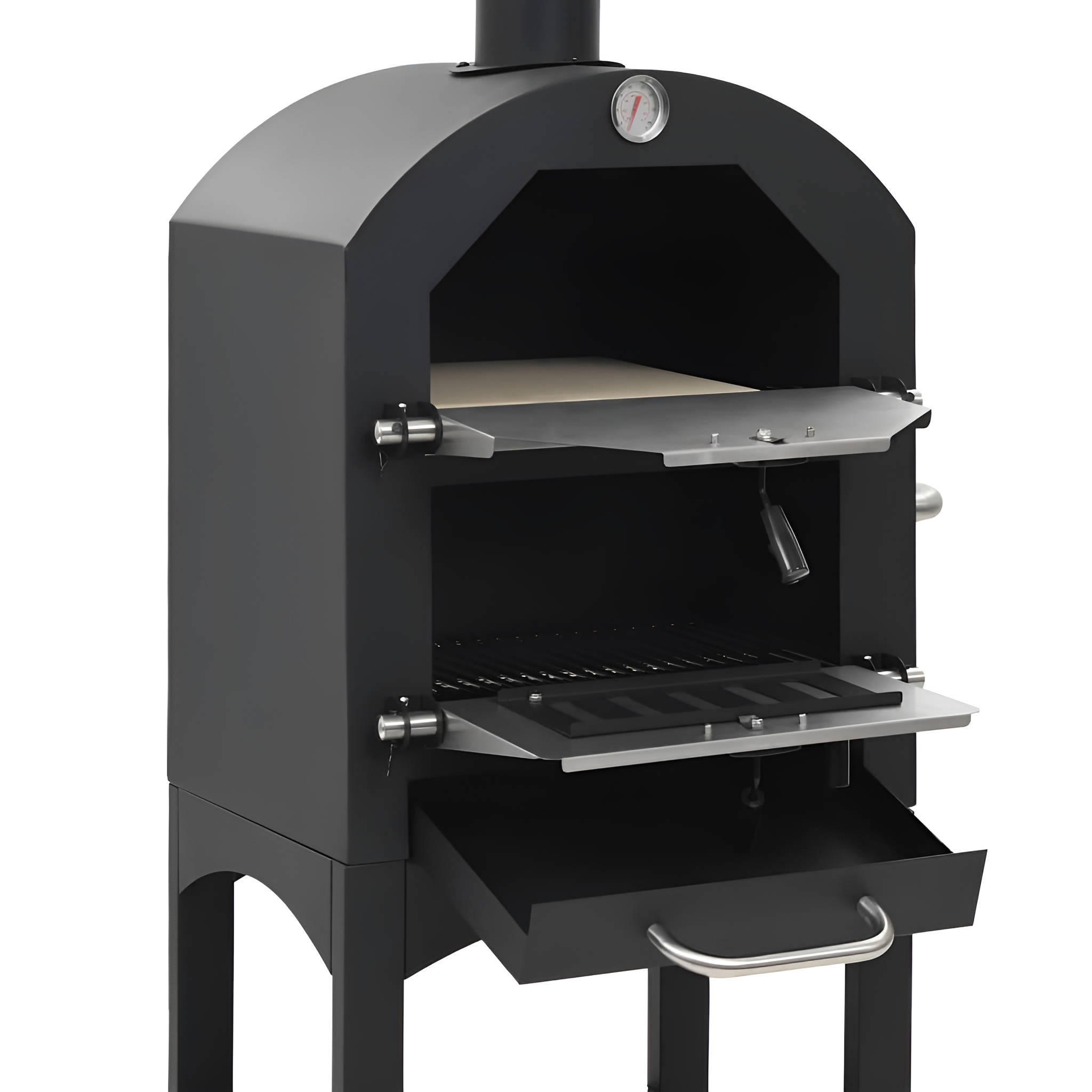 Ein schwarzer Pizzaofen für den Außenbereich mit offenen Türen. Im Inneren befinden sich ein Pizzastein und ein Grill.