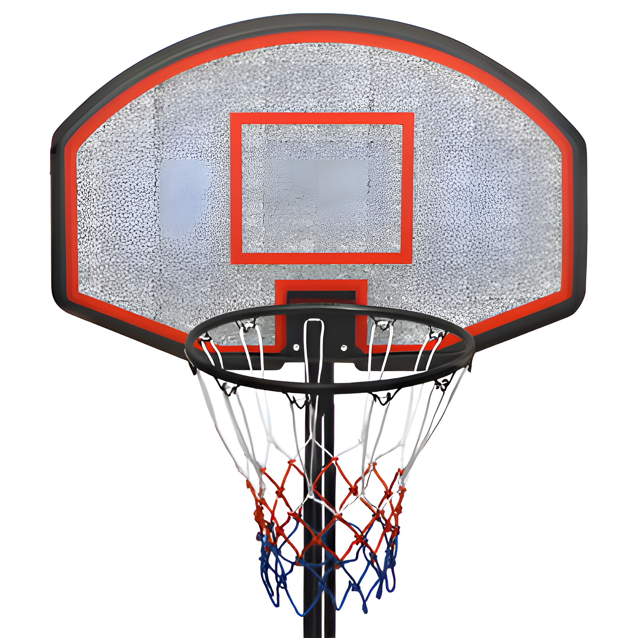 Ein Basketballkorb mit Netz, Rückwand und Ständer, isoliert vor weißem Hintergrund.