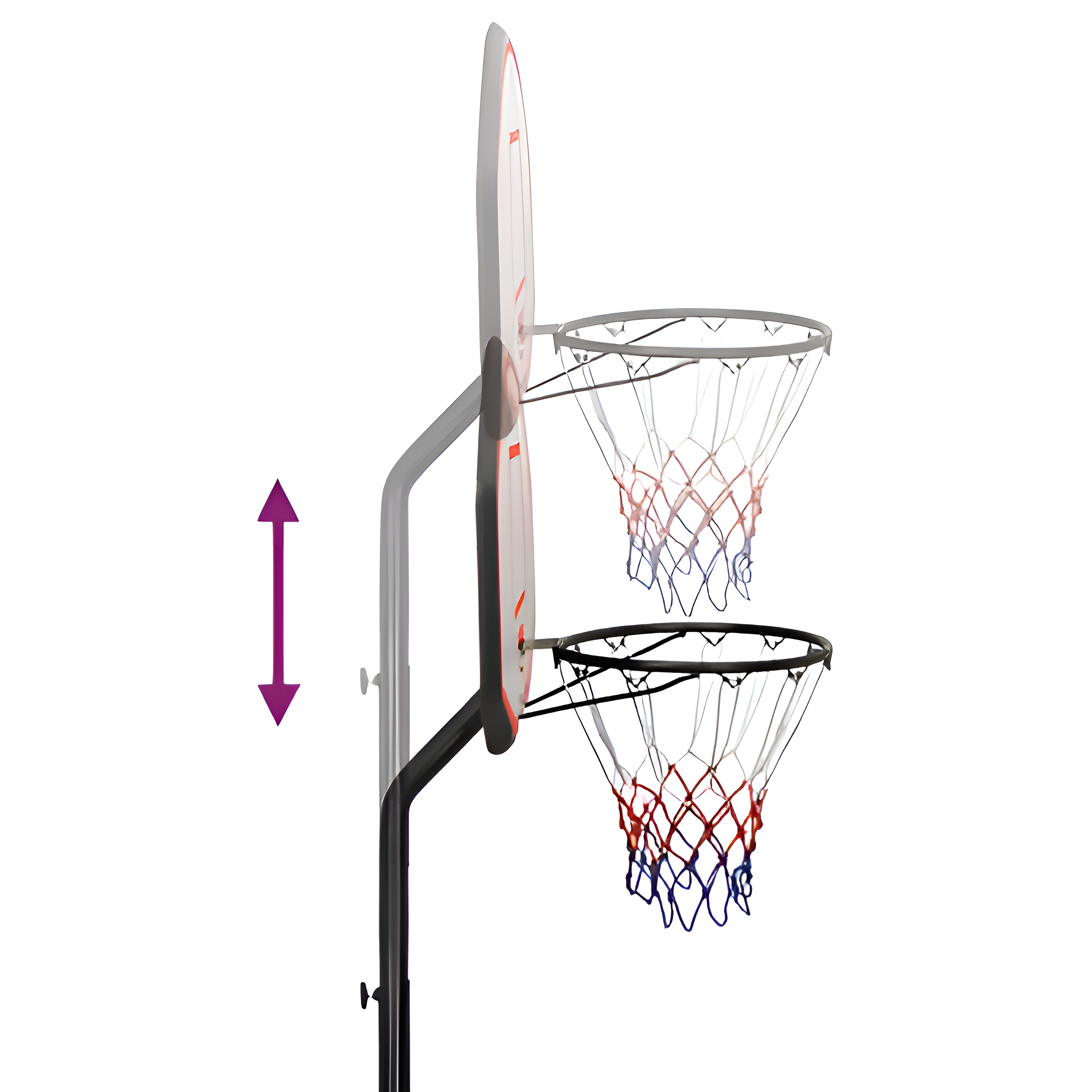Basketballkorb mit verstellbarer Höhe. Zeigt den Korb in zwei verschiedenen Positionen.