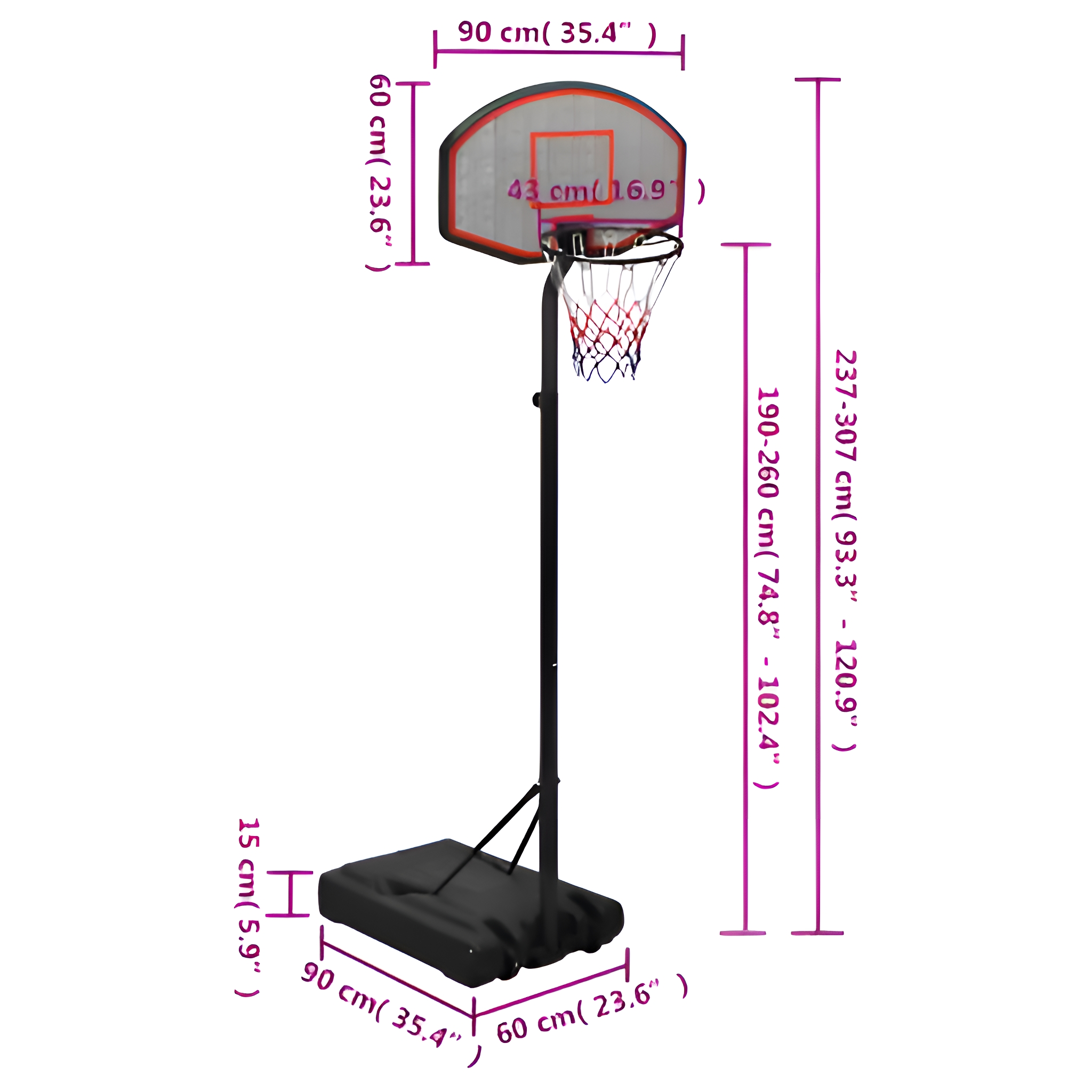 Ein Basketballkorb mit Maßen und sein Ständer mit einer Basis.