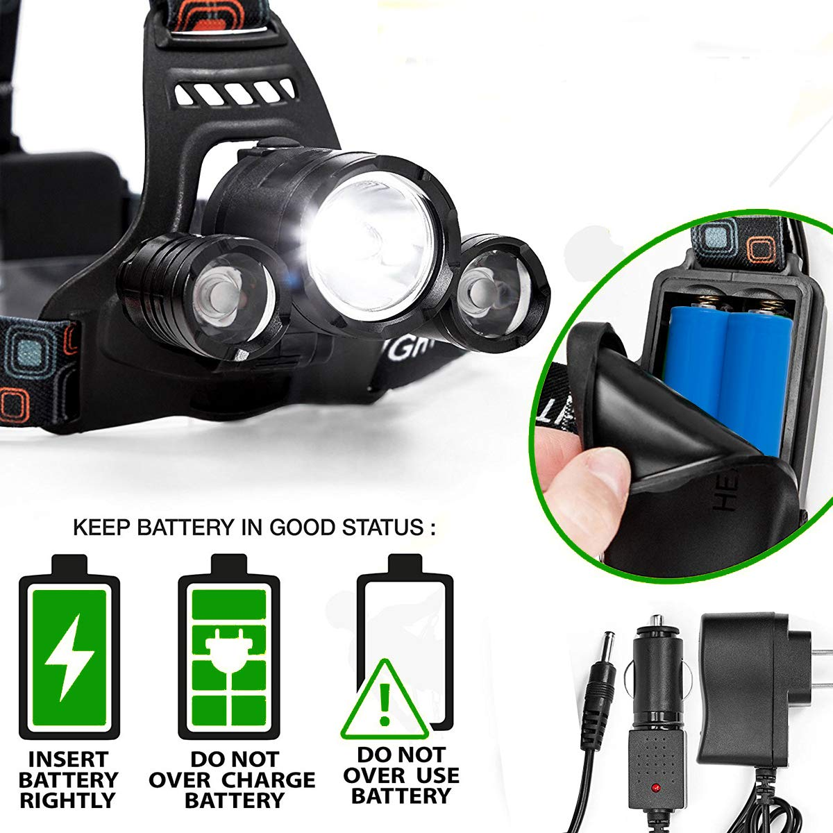 Stirnlampe mit geöffnetem Batteriefach, zeigt Batterie und Warnhinweise zur Batterieverwendung.