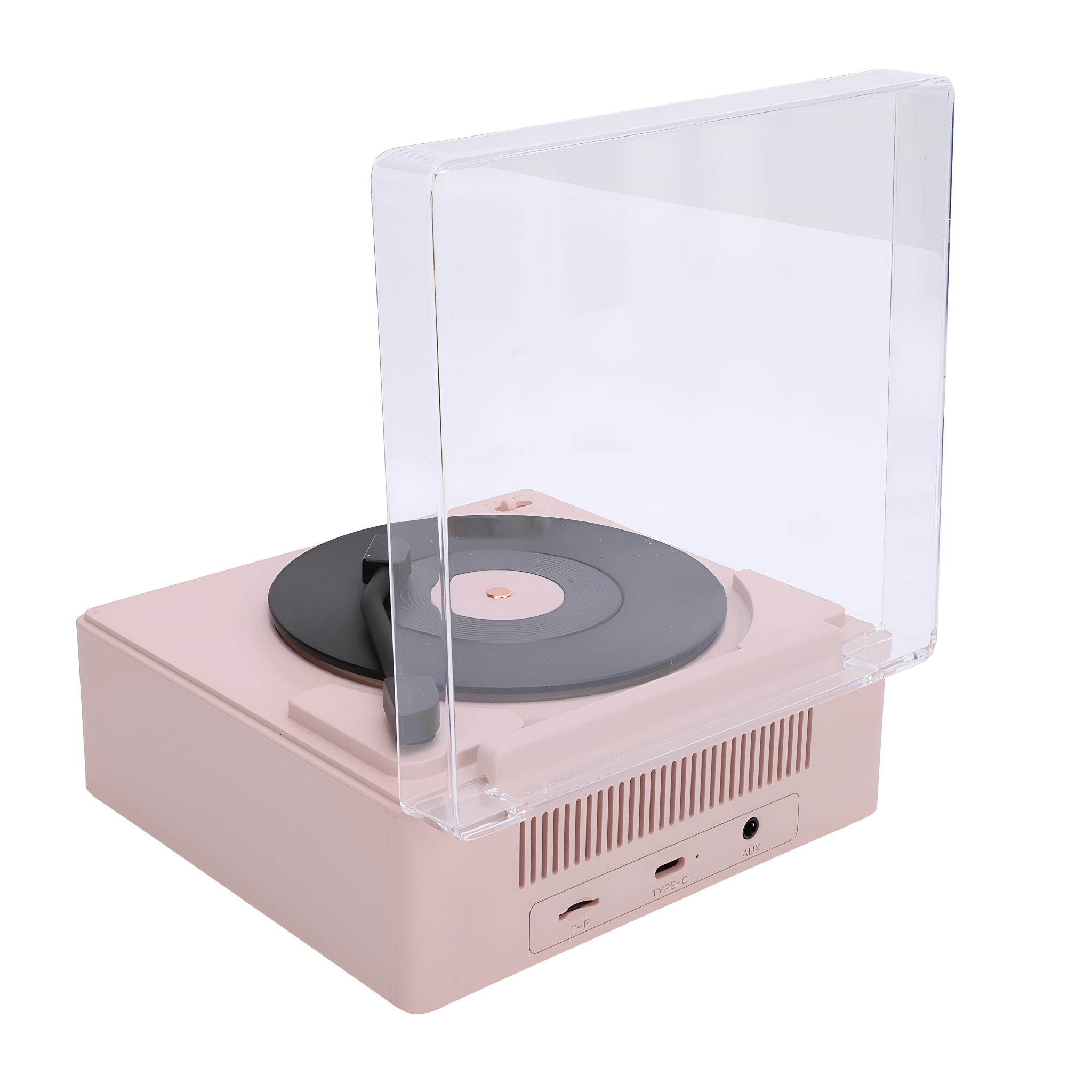 Ein rosa Plattenspieler mit klarer Abdeckung, schwarzem Vinyl und Aux-Anschlüssen.