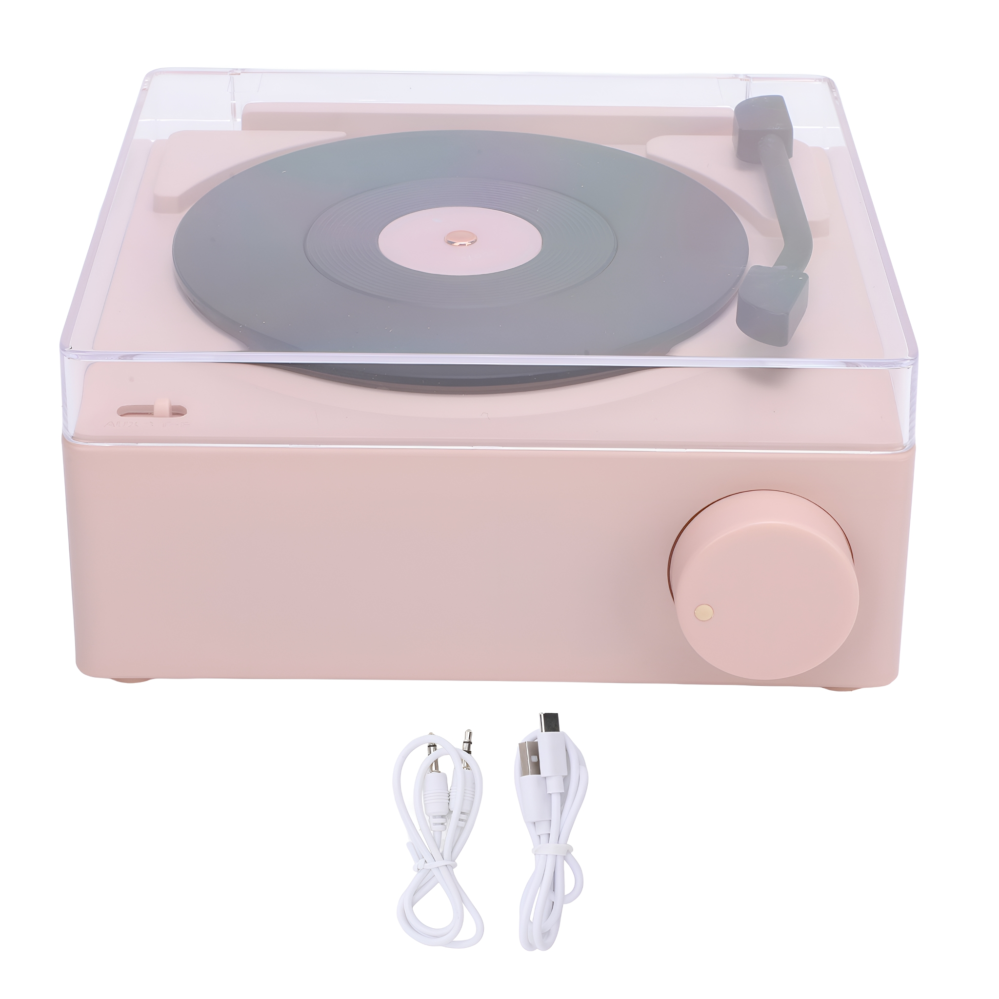 Rosa Vintage-Plattenspieler mit transparentem Deckel und zwei weißen Audiokabeln.