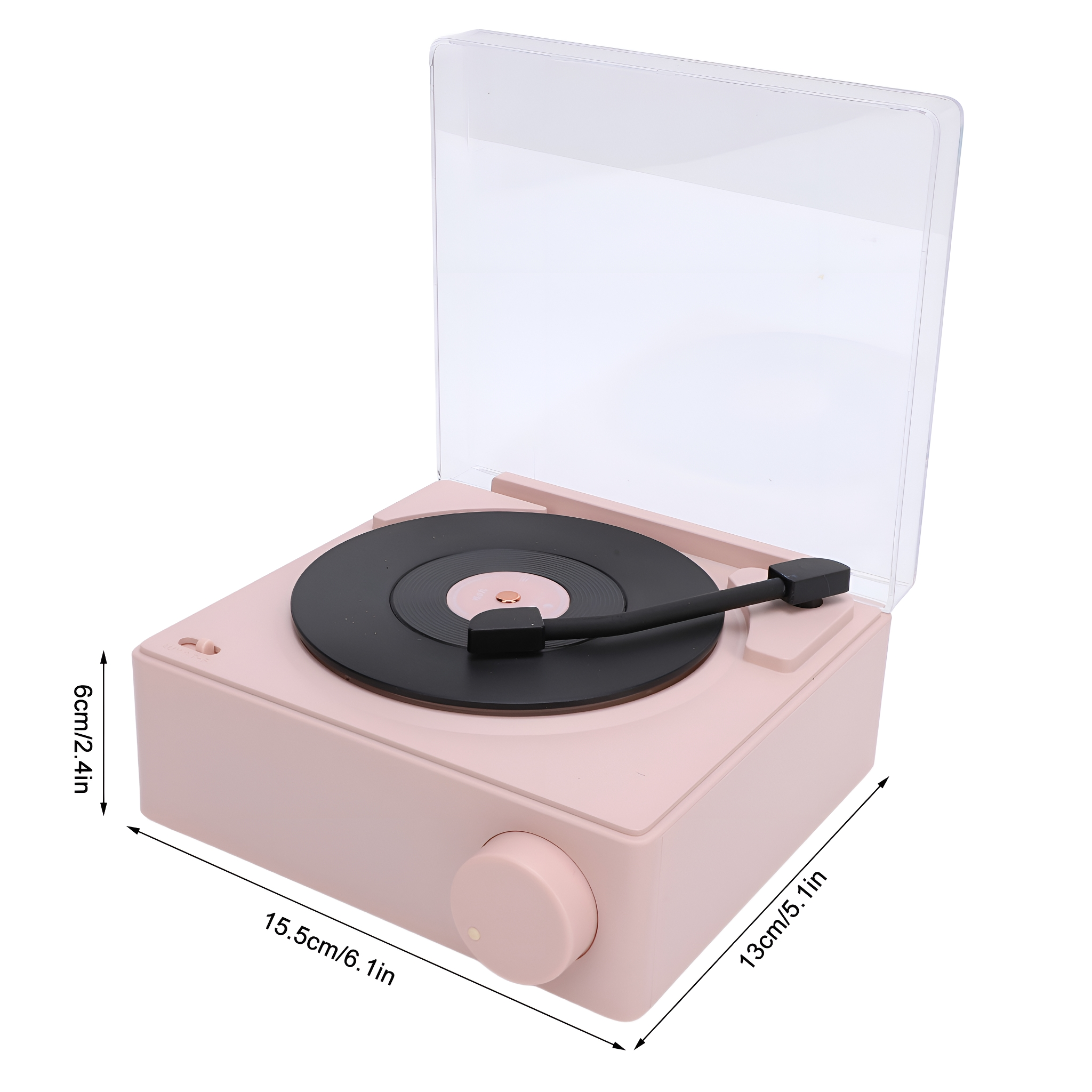 Rosa Retro-Plattenspieler mit angegebenen Abmessungen.