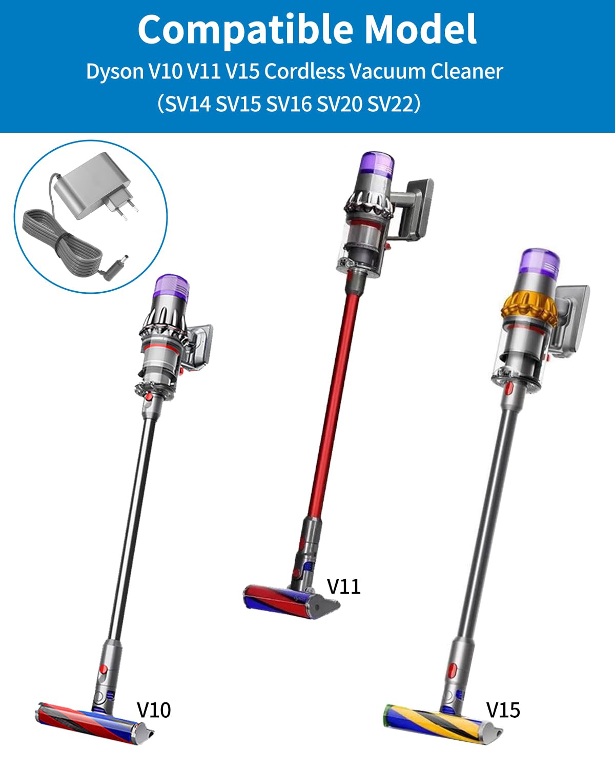 Drei kabellose Dyson-Staubsauger: V10, V11 und V15, mit Ladegerät.