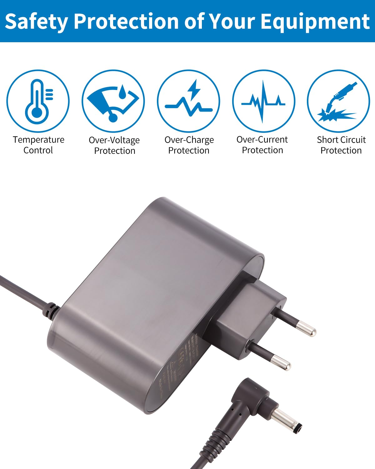 Ein grauer Netzadapter mit verschiedenen Sicherheitssymbolen. Er hat einen Stecker und einen Ladeanschluss.