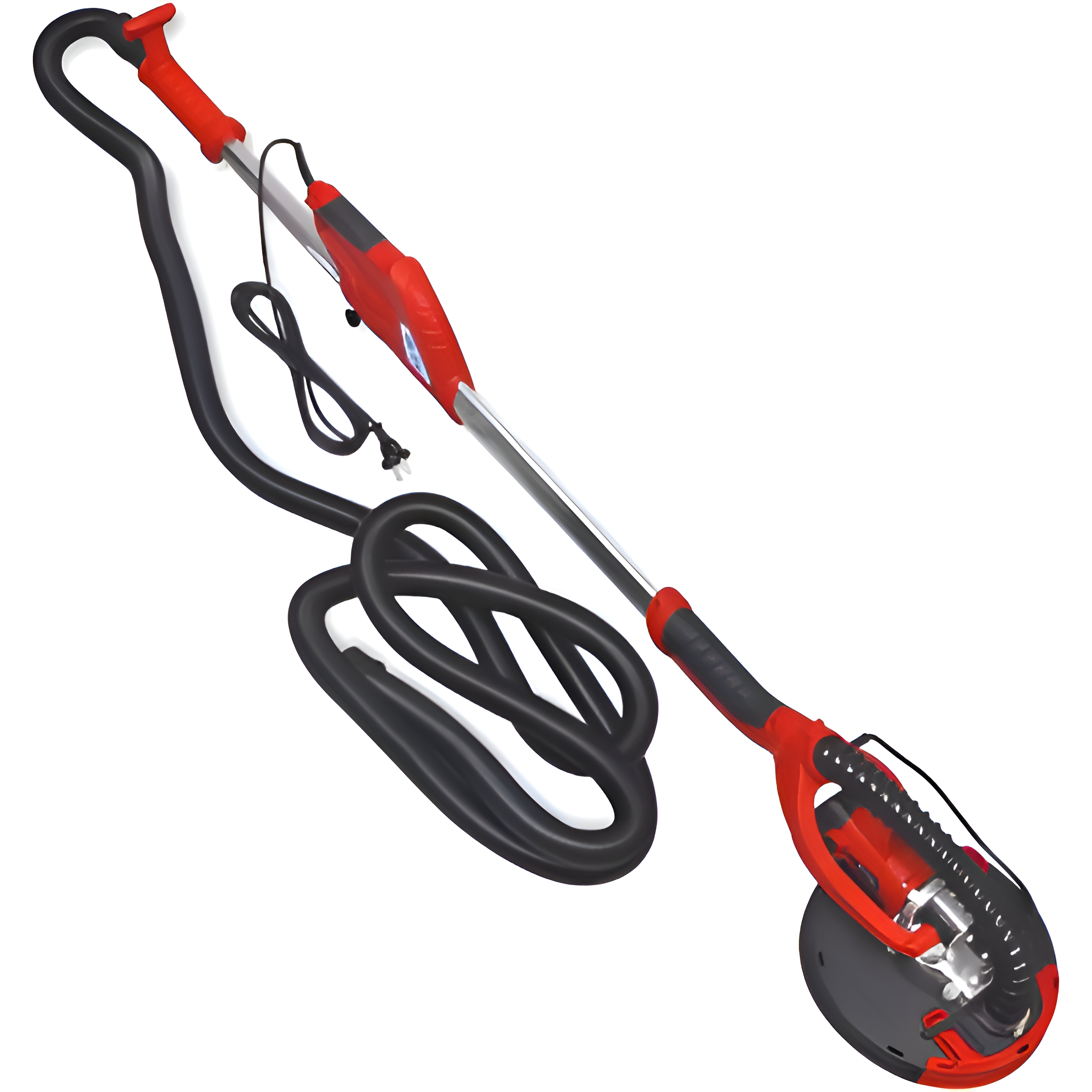 Ein rot-schwarzer elektrischer Schleifer mit langem Griff und rundem Schleifpad.